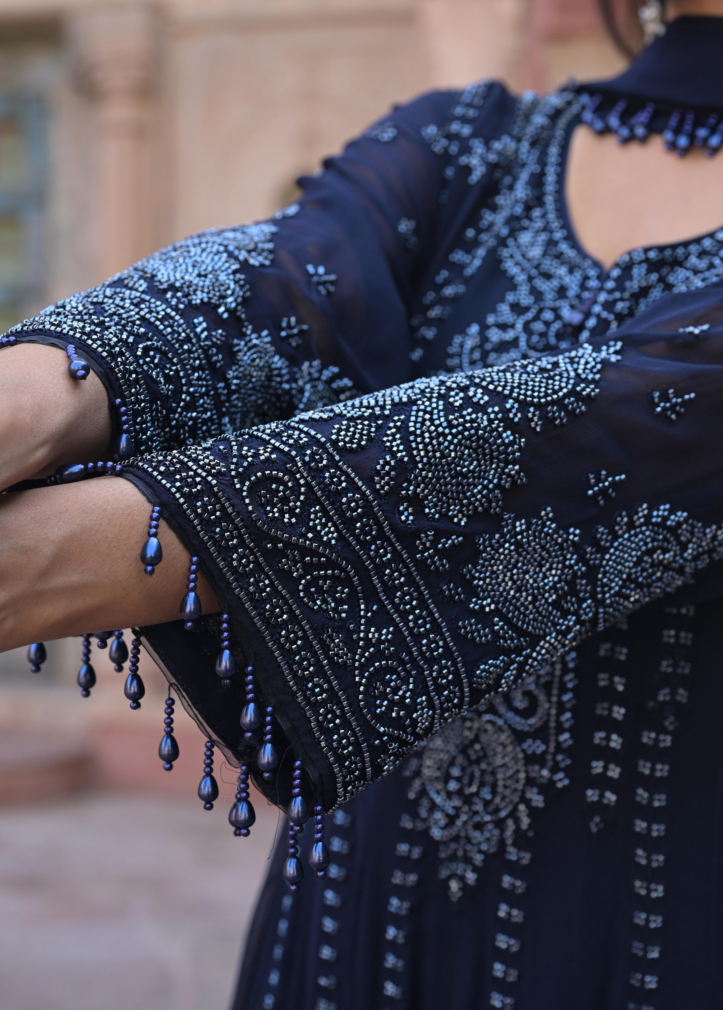 Navy Blue Embellished Georgette Silk Anarkali Set