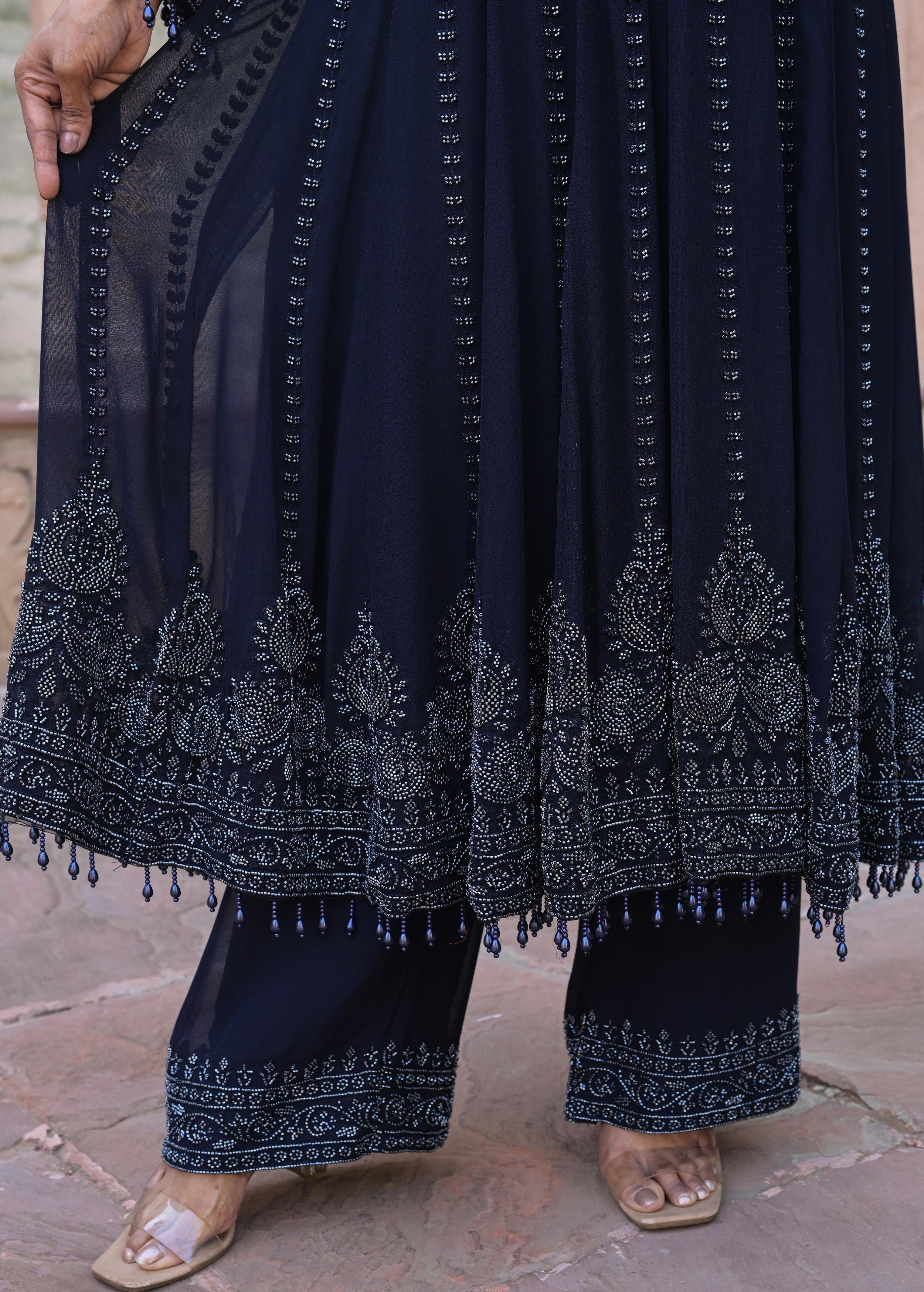 Navy Blue Embellished Georgette Silk Anarkali Set