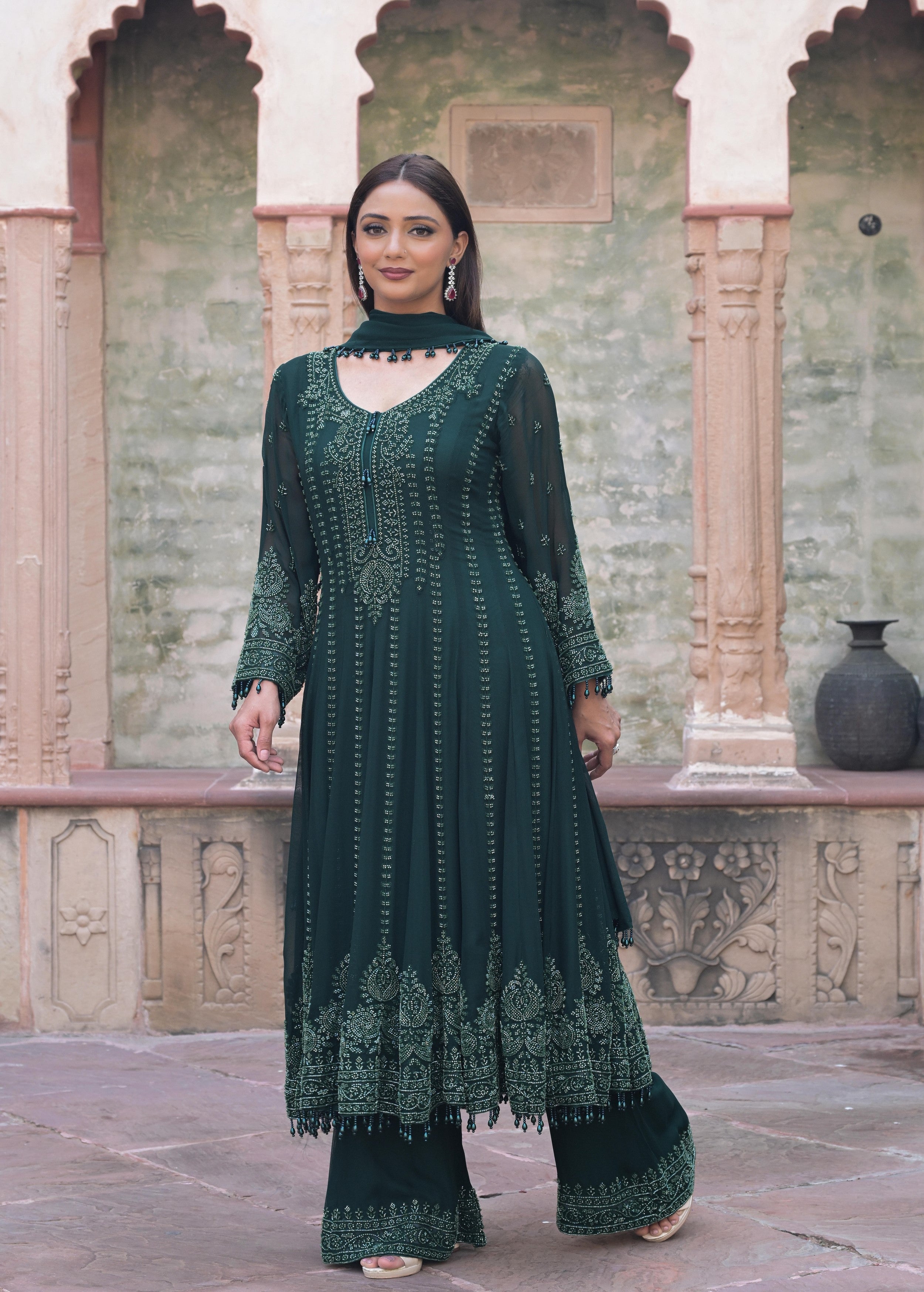 Dark Green Embellished Georgette Silk Anarkali Set