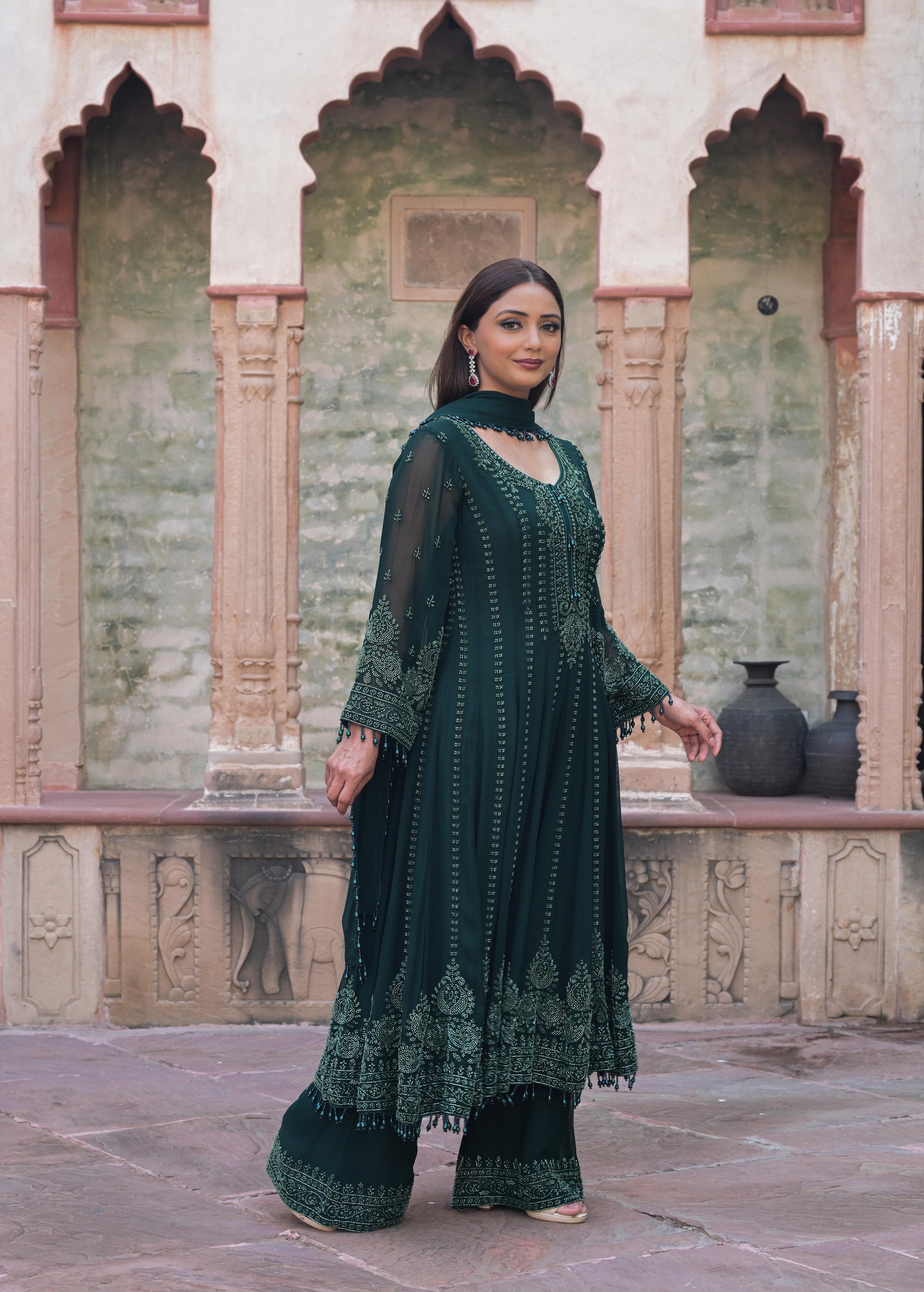 Dark Green Embellished Georgette Silk Anarkali Set
