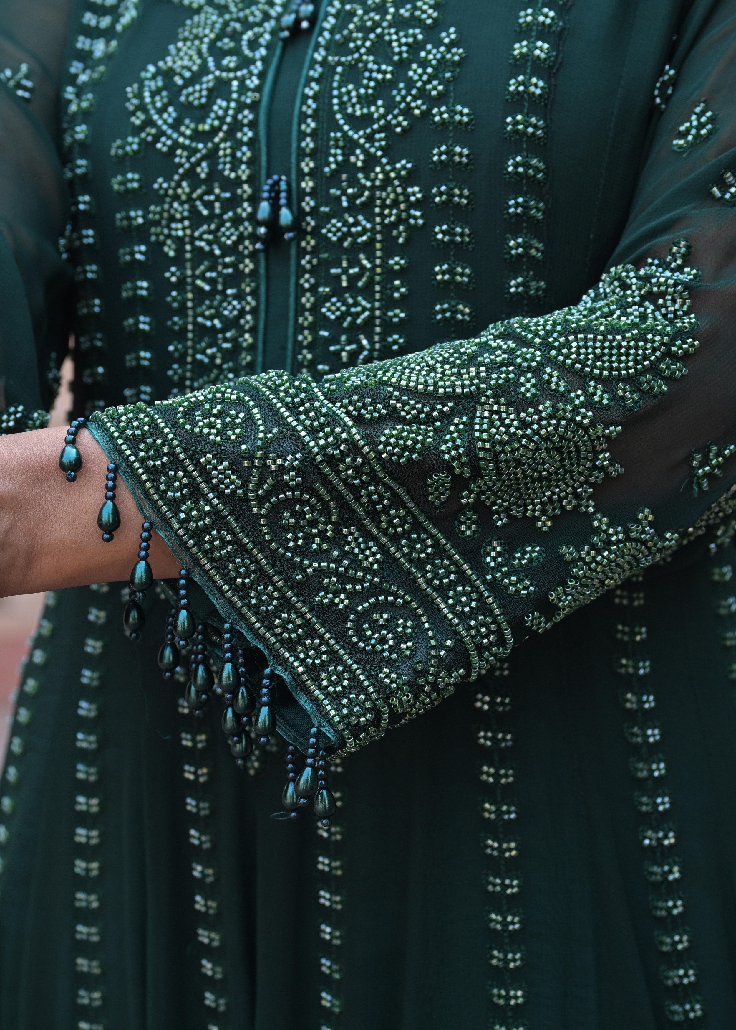 Dark Green Embellished Georgette Silk Anarkali Set