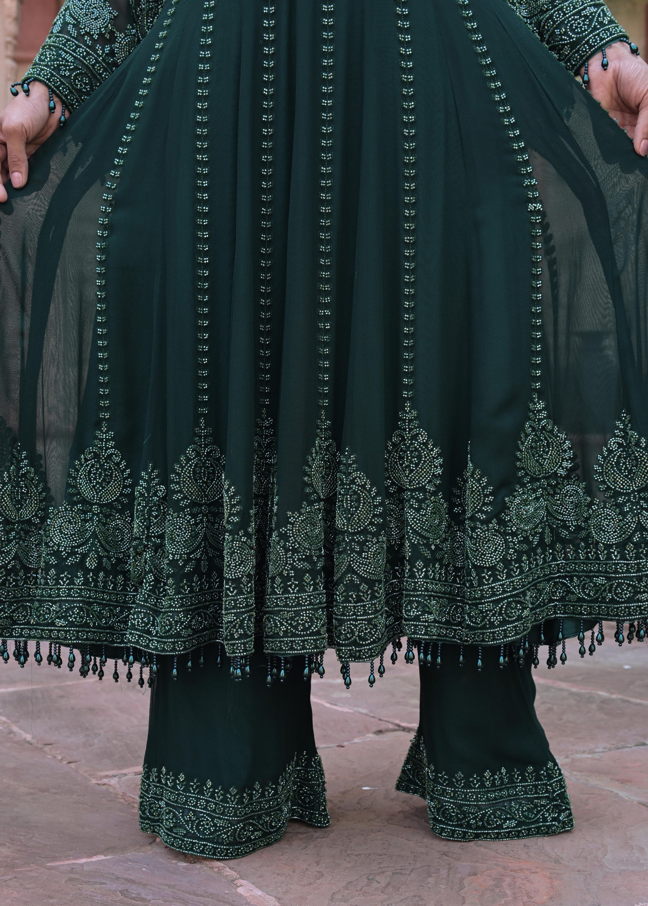 Dark Green Embellished Georgette Silk Anarkali Set