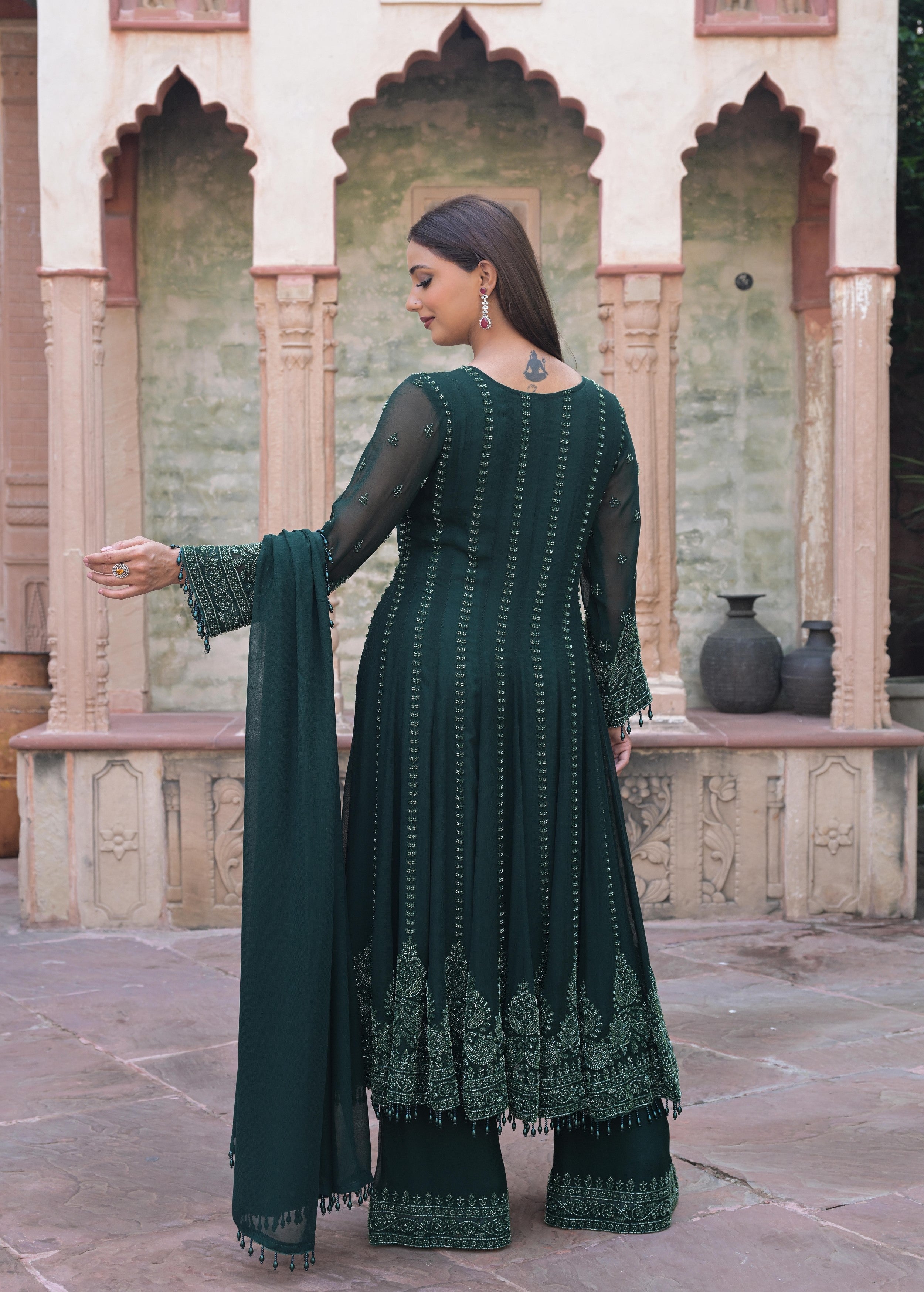Dark Green Embellished Georgette Silk Anarkali Set