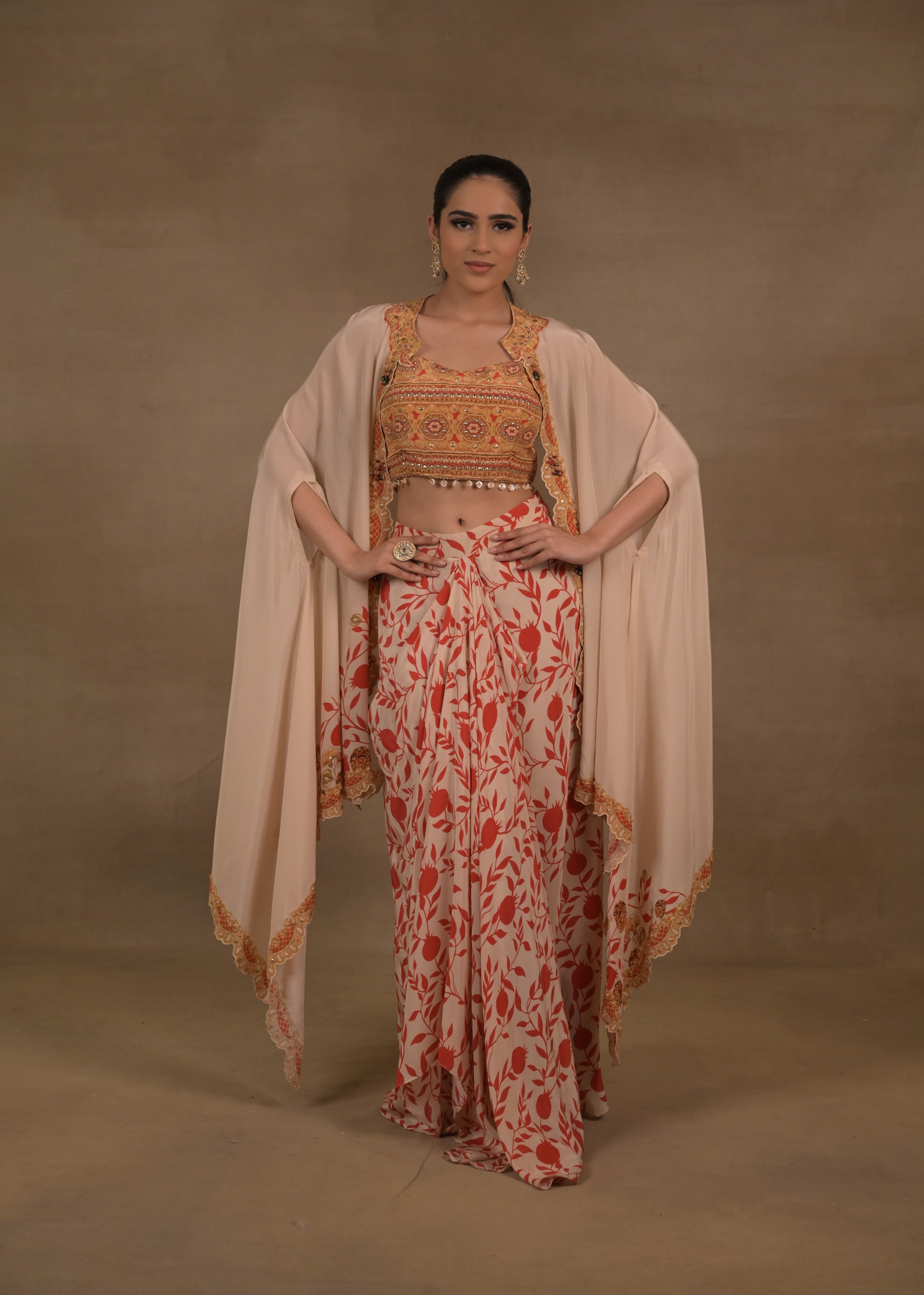 Champagne Embellished Crepe Silk Skirt Set With Cape