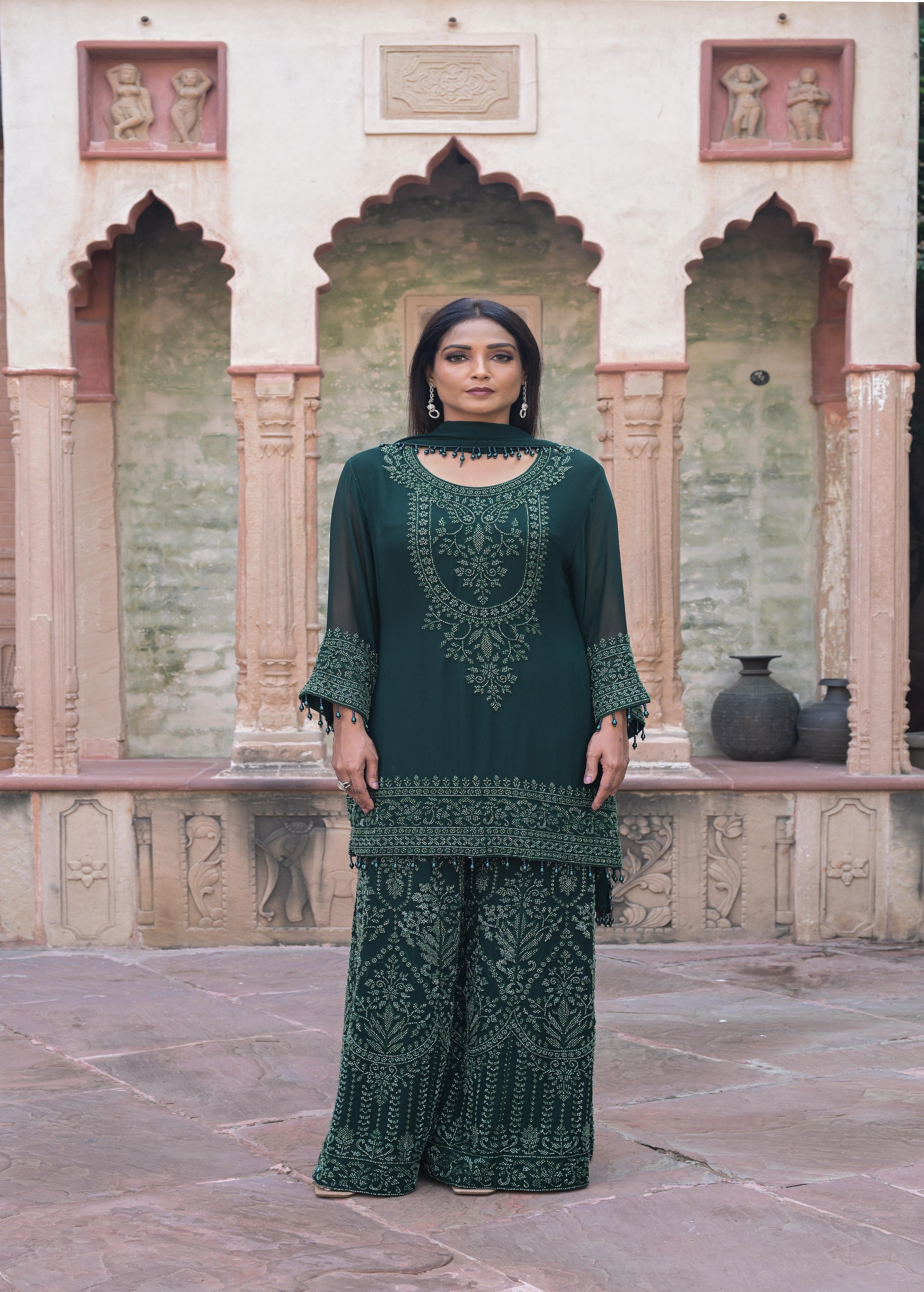 Emerald Green Embellished Georgette Silk Palazzo Set