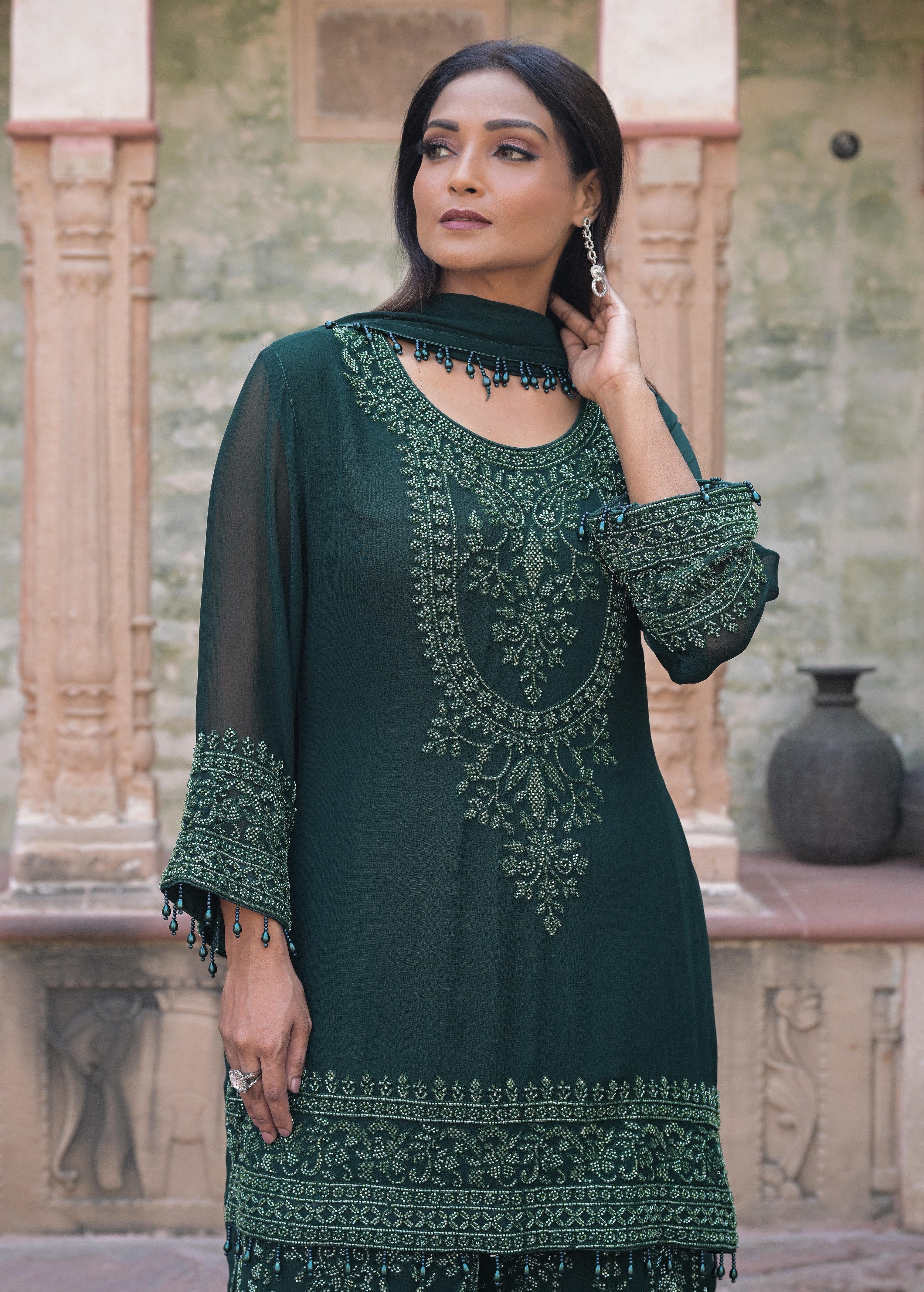 Emerald Green Embellished Georgette Silk Palazzo Set
