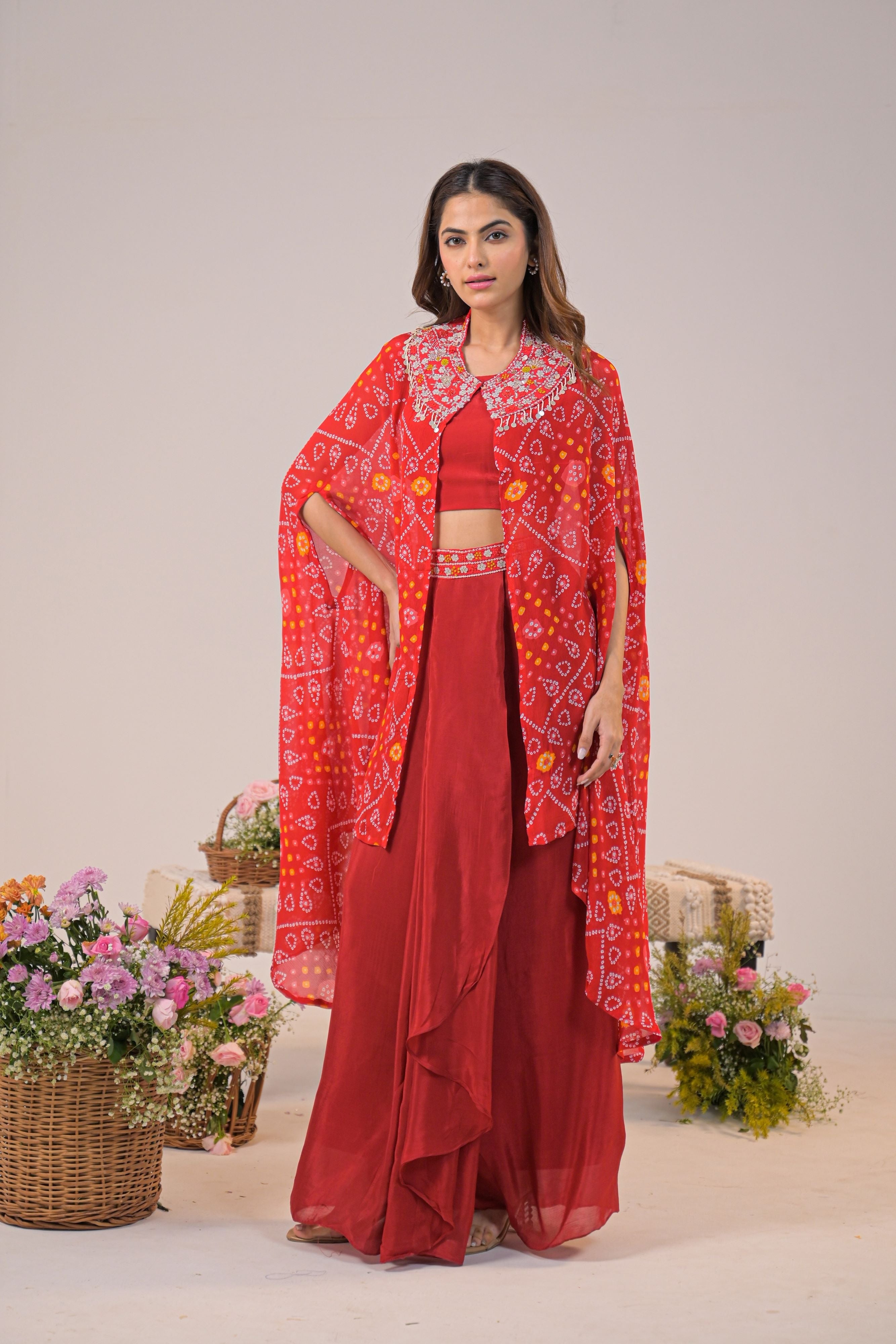 Crimson Bandhani Cape Set