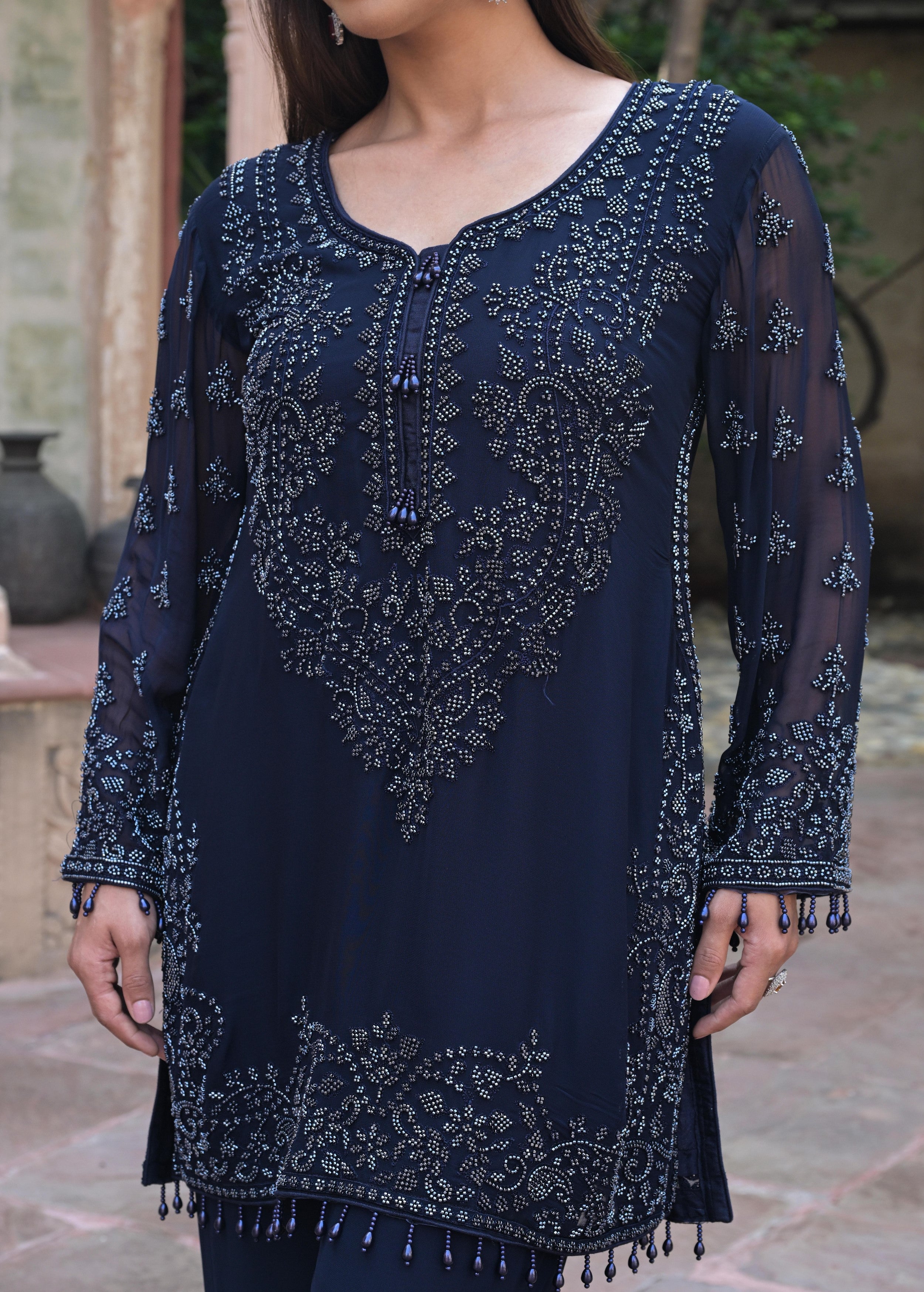 Midnight Blue Embellished Georgette Silk Pant Set