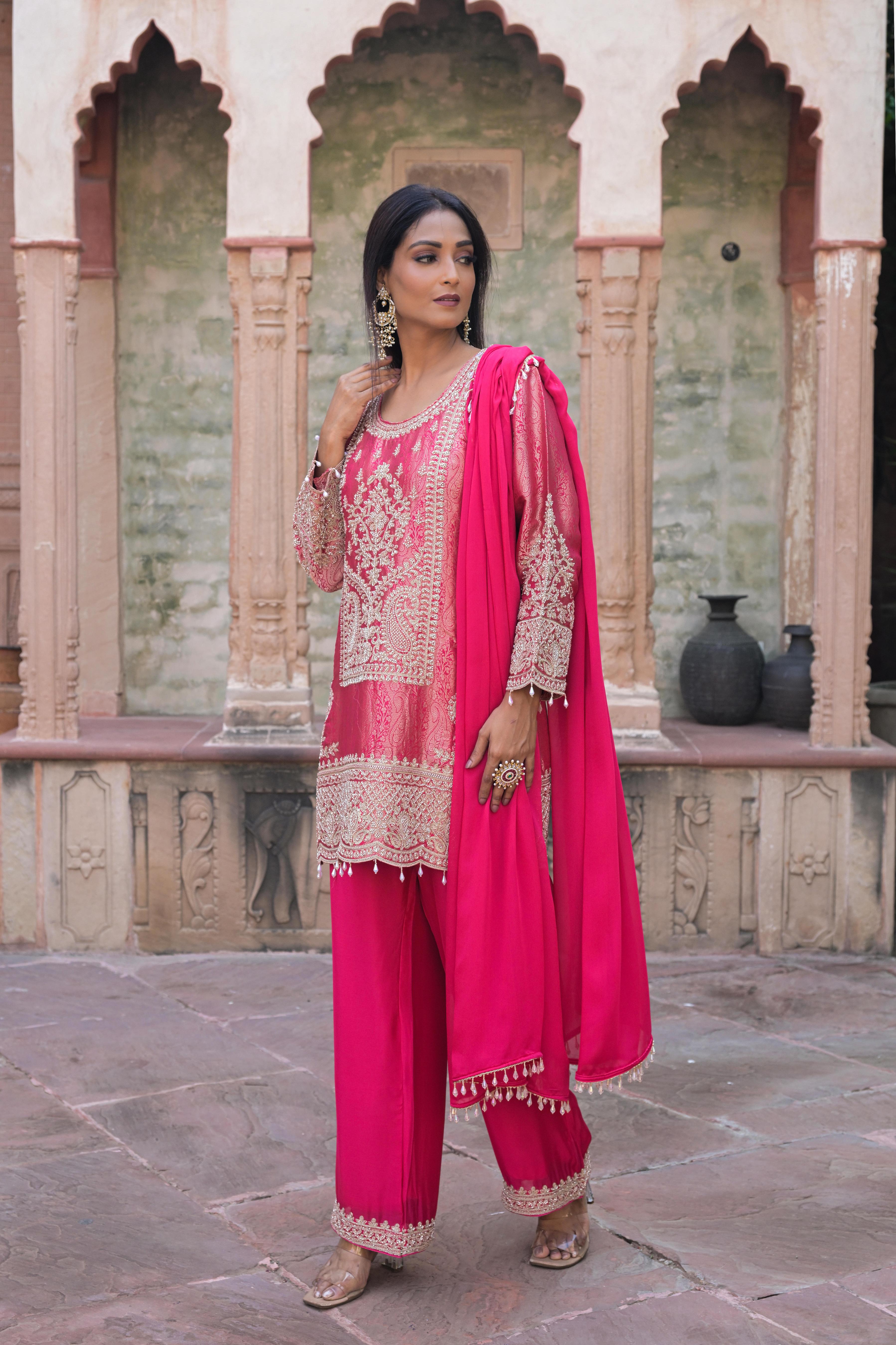 Ruby Pink Embellished Brocade Silk Pant Set