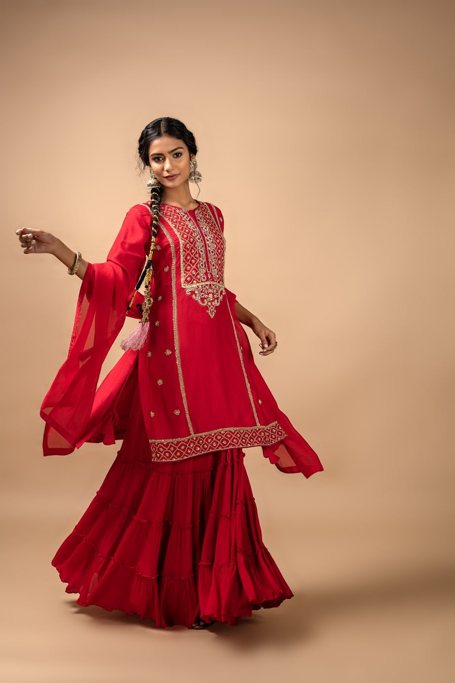 Cherry Red Embroidered Lehenga set with Kurta