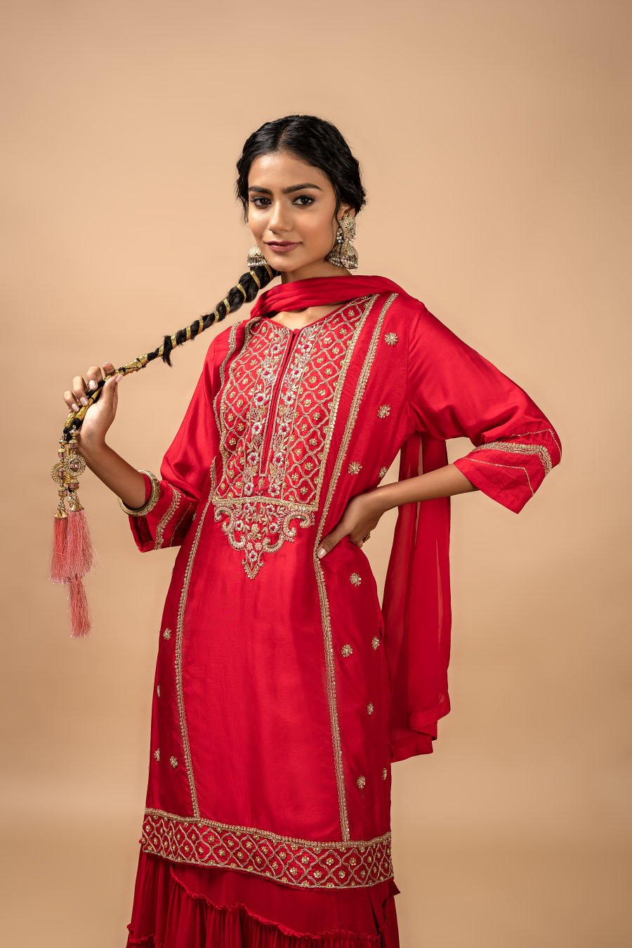 Cherry Red Embroidered Lehenga set with Kurta