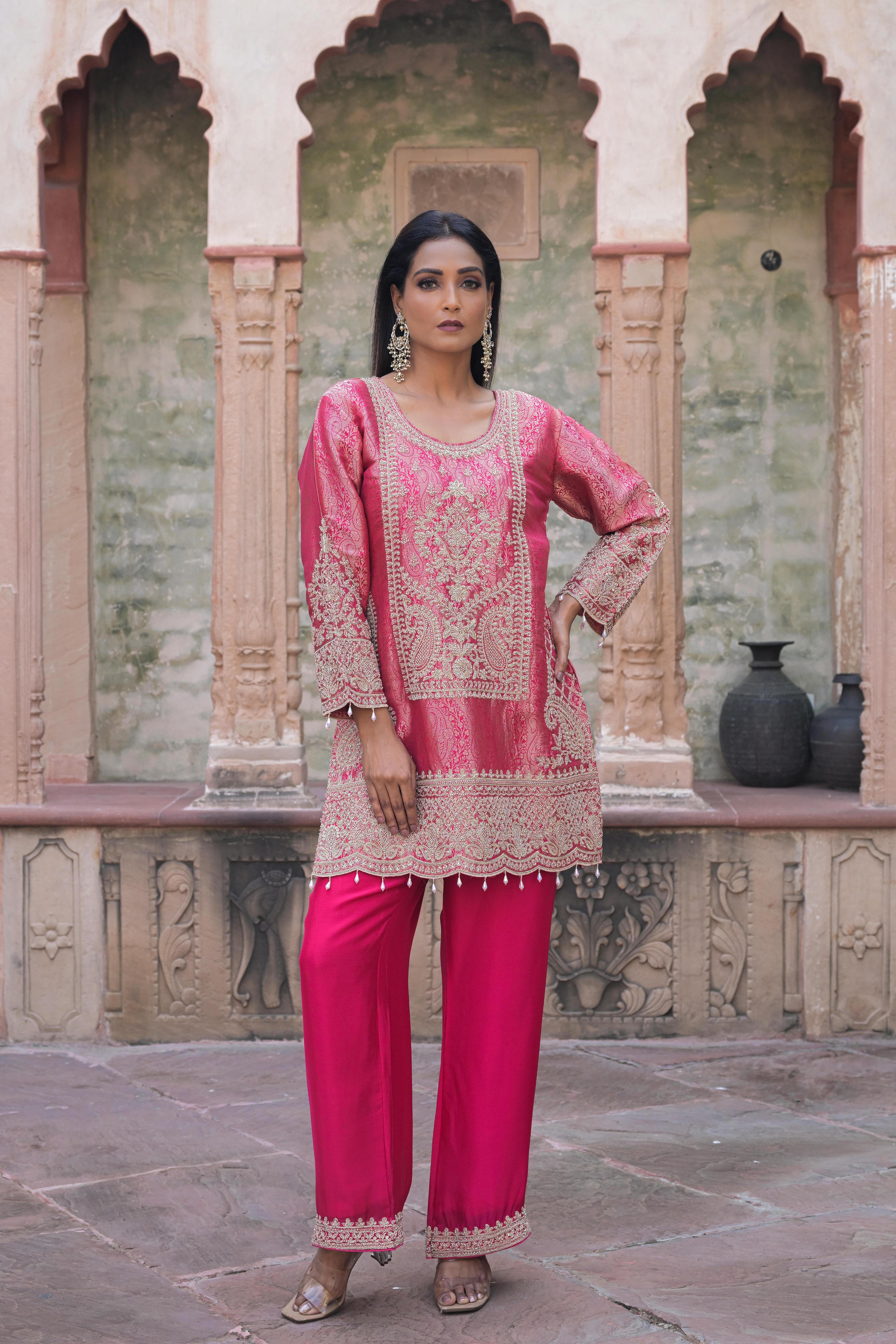 Ruby Pink Embellished Brocade Silk Pant Set
