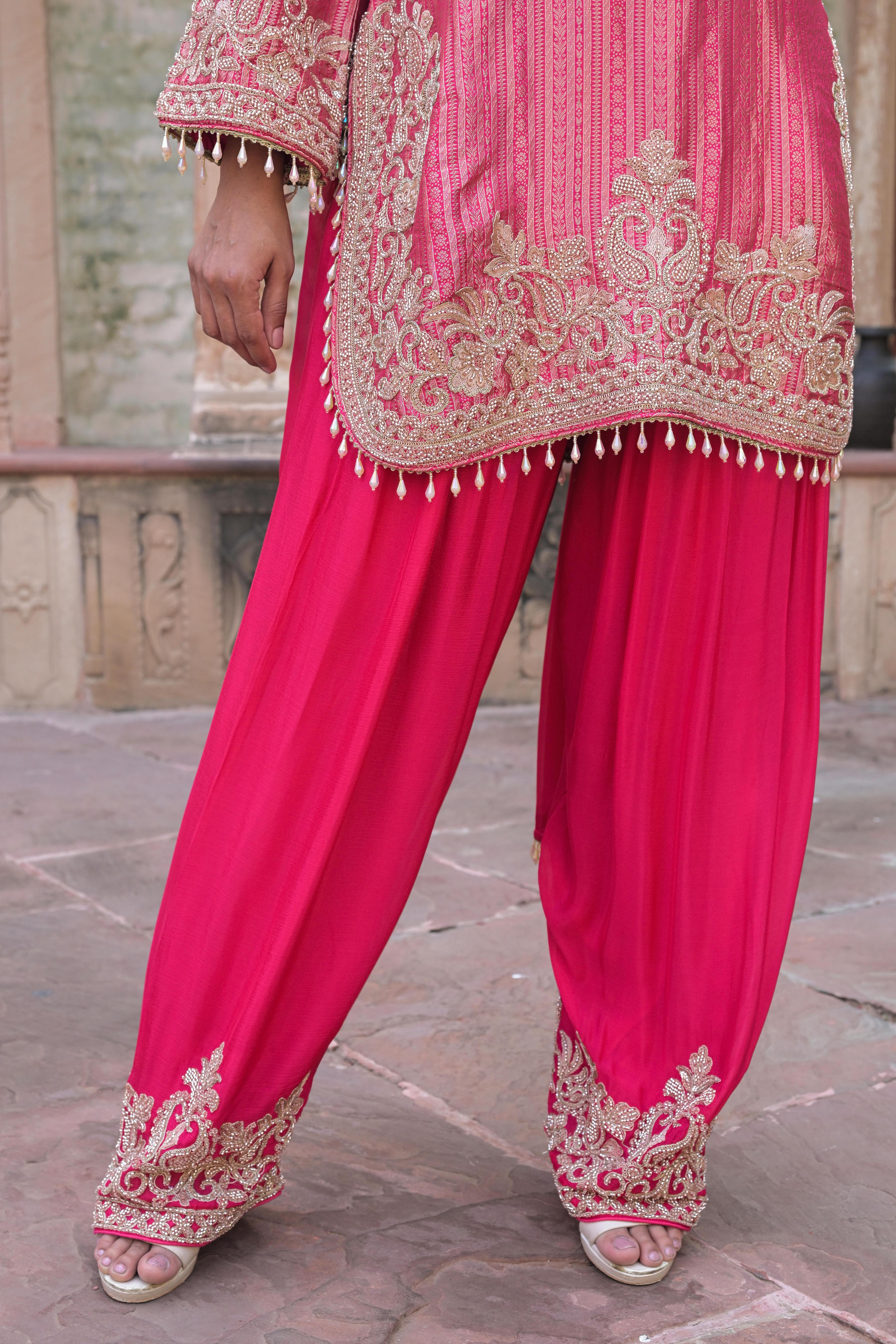 Vivid Pink Embellished Brocade Silk Pant Set