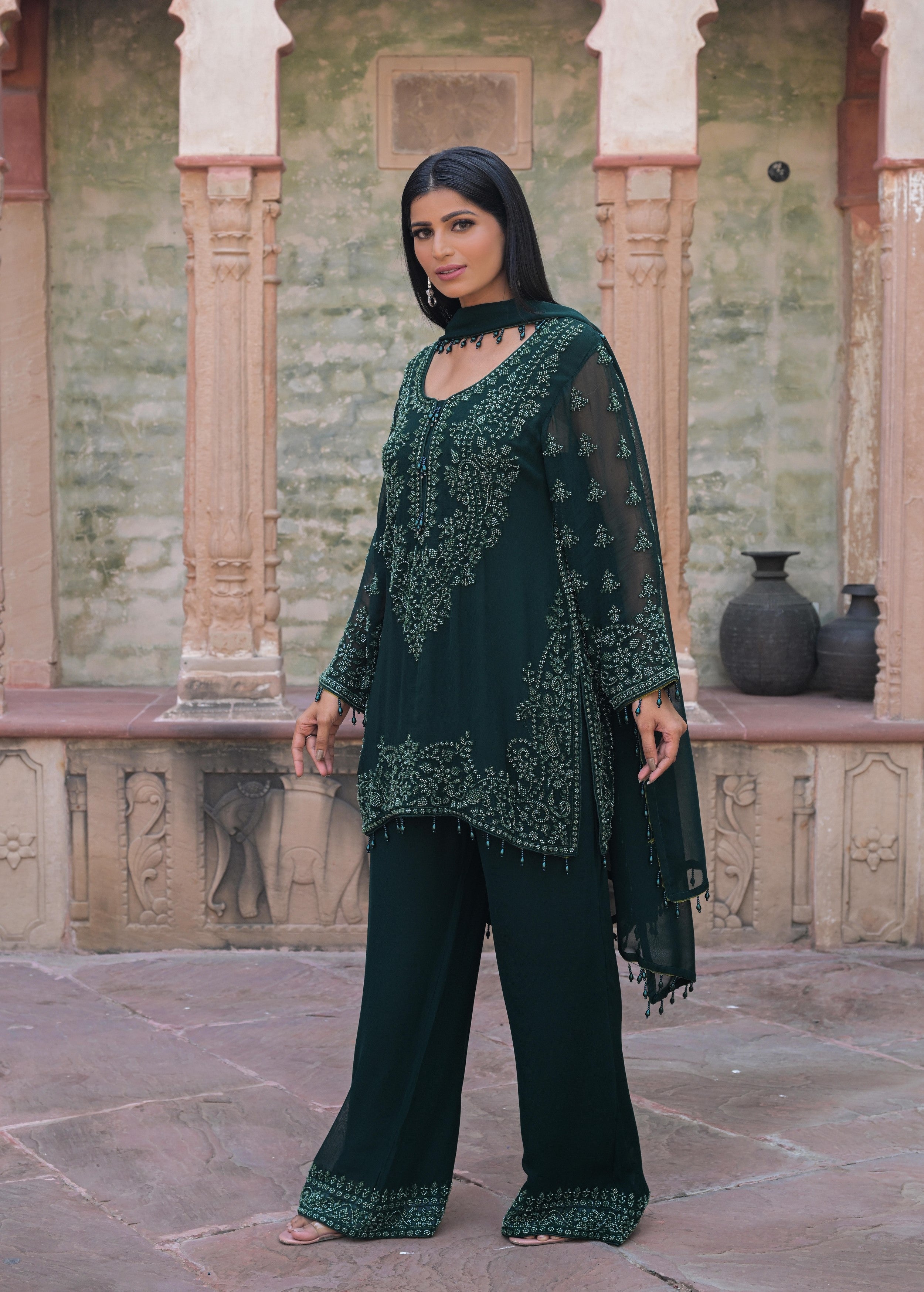 Deep Green Embellished Georgette Silk Pant Set