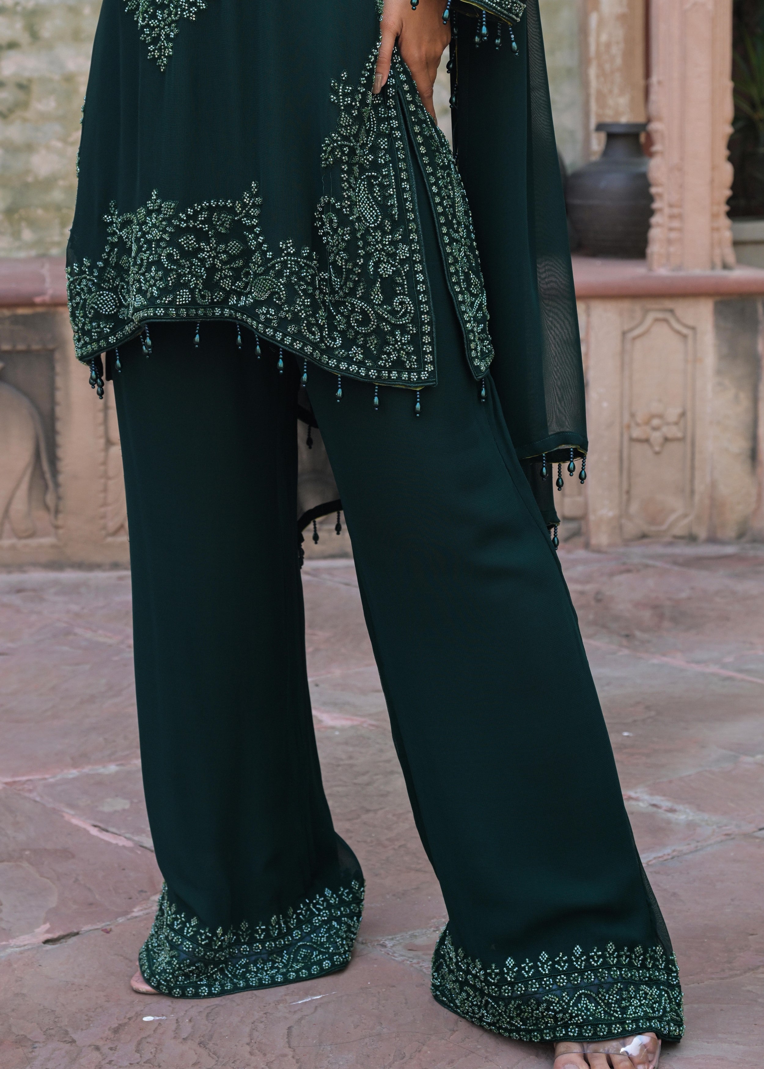 Deep Green Embellished Georgette Silk Pant Set