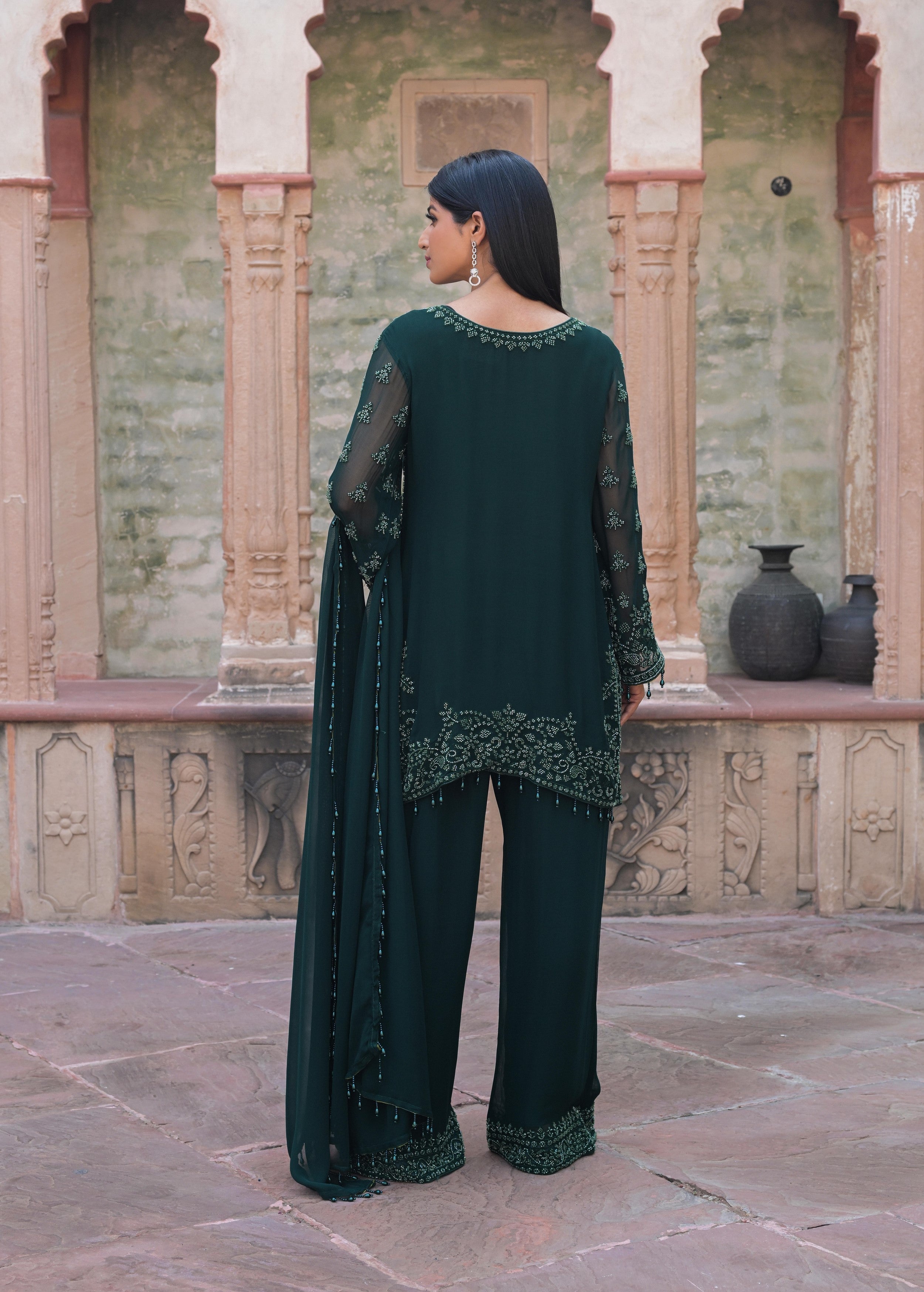 Deep Green Embellished Georgette Silk Pant Set