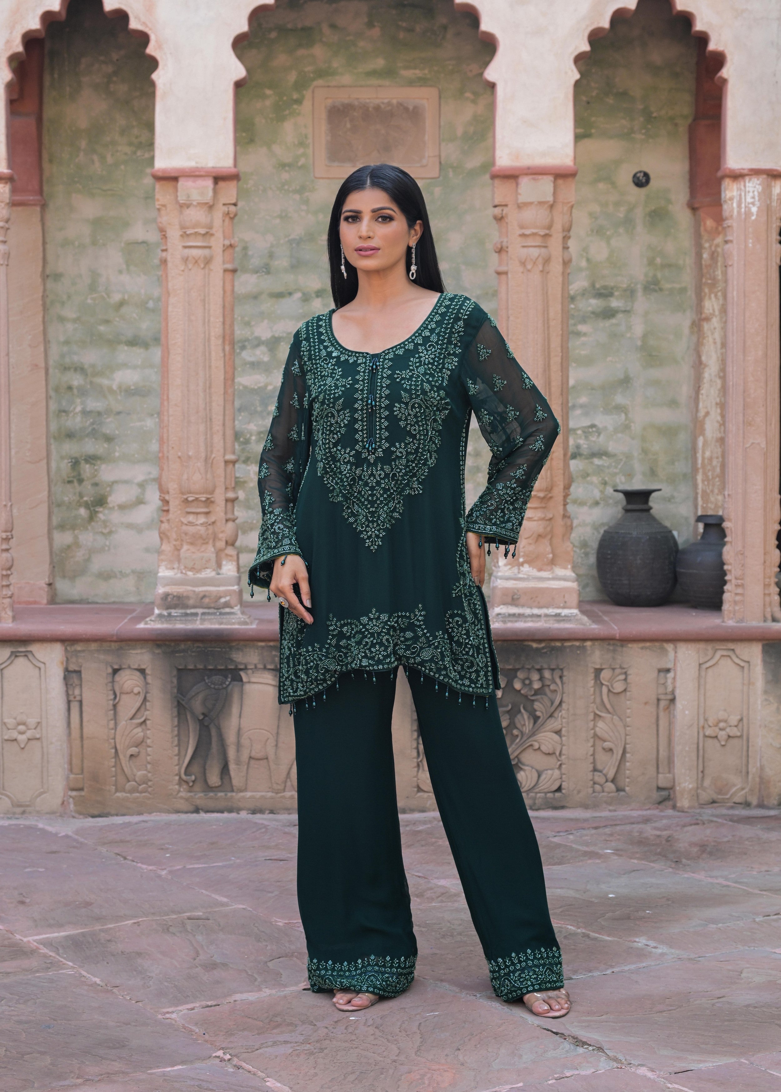 Deep Green Embellished Georgette Silk Pant Set