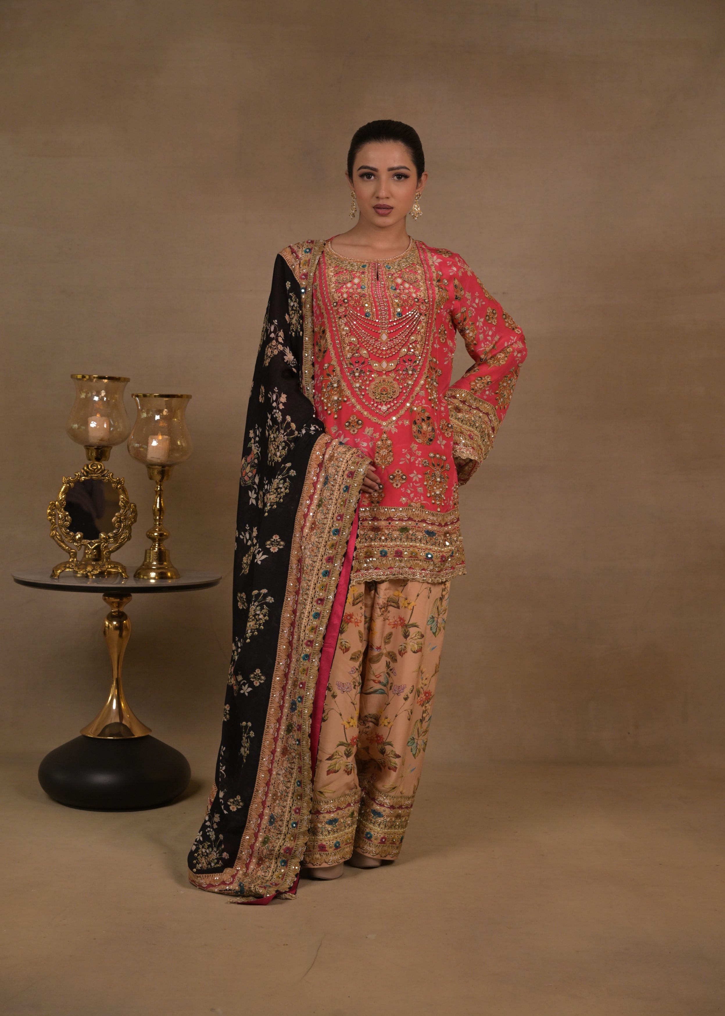 Fuchsia Heritage Embellished Crepe Silk Pant Set