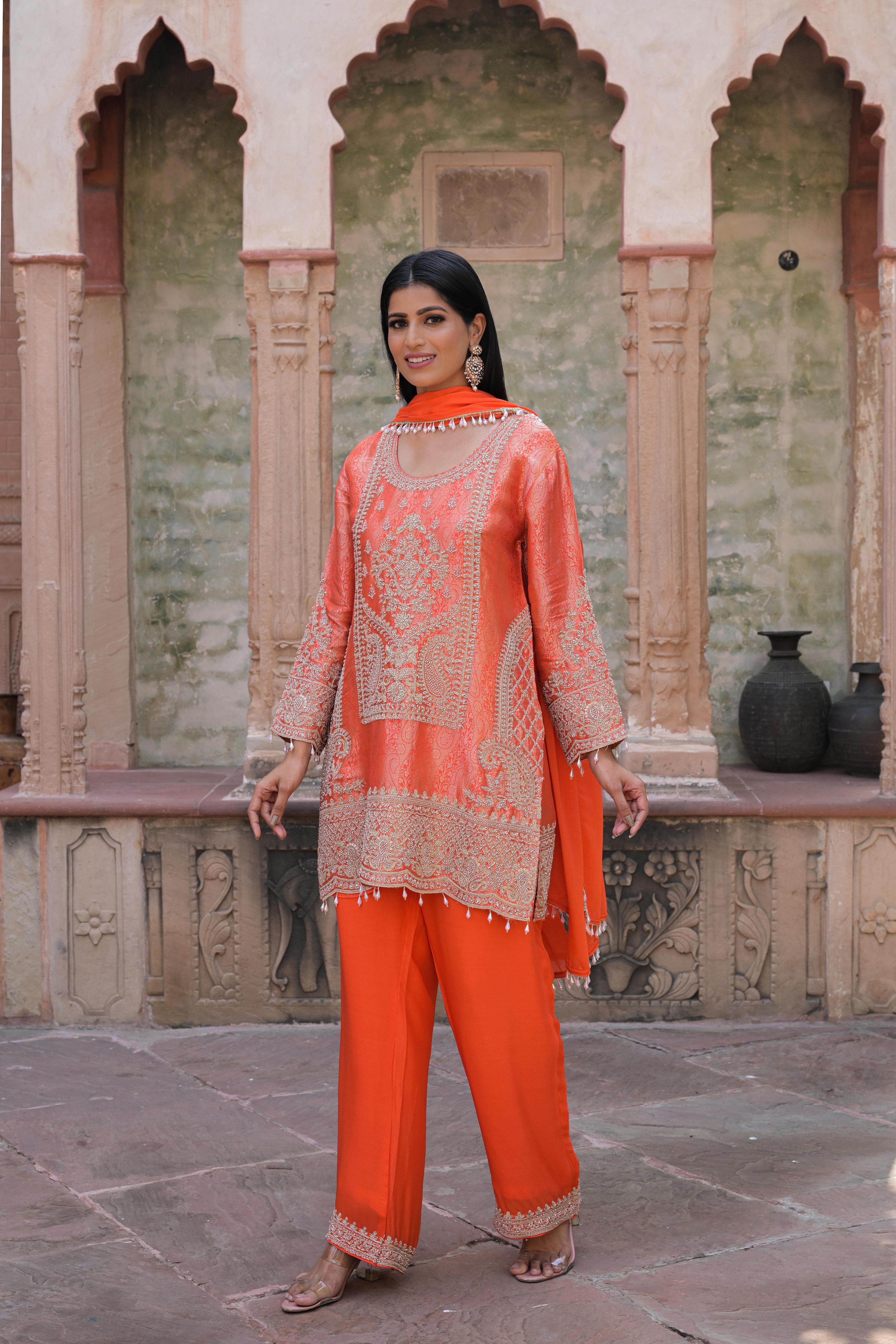 Coral Orange Embellished Brocade Silk Pant Set