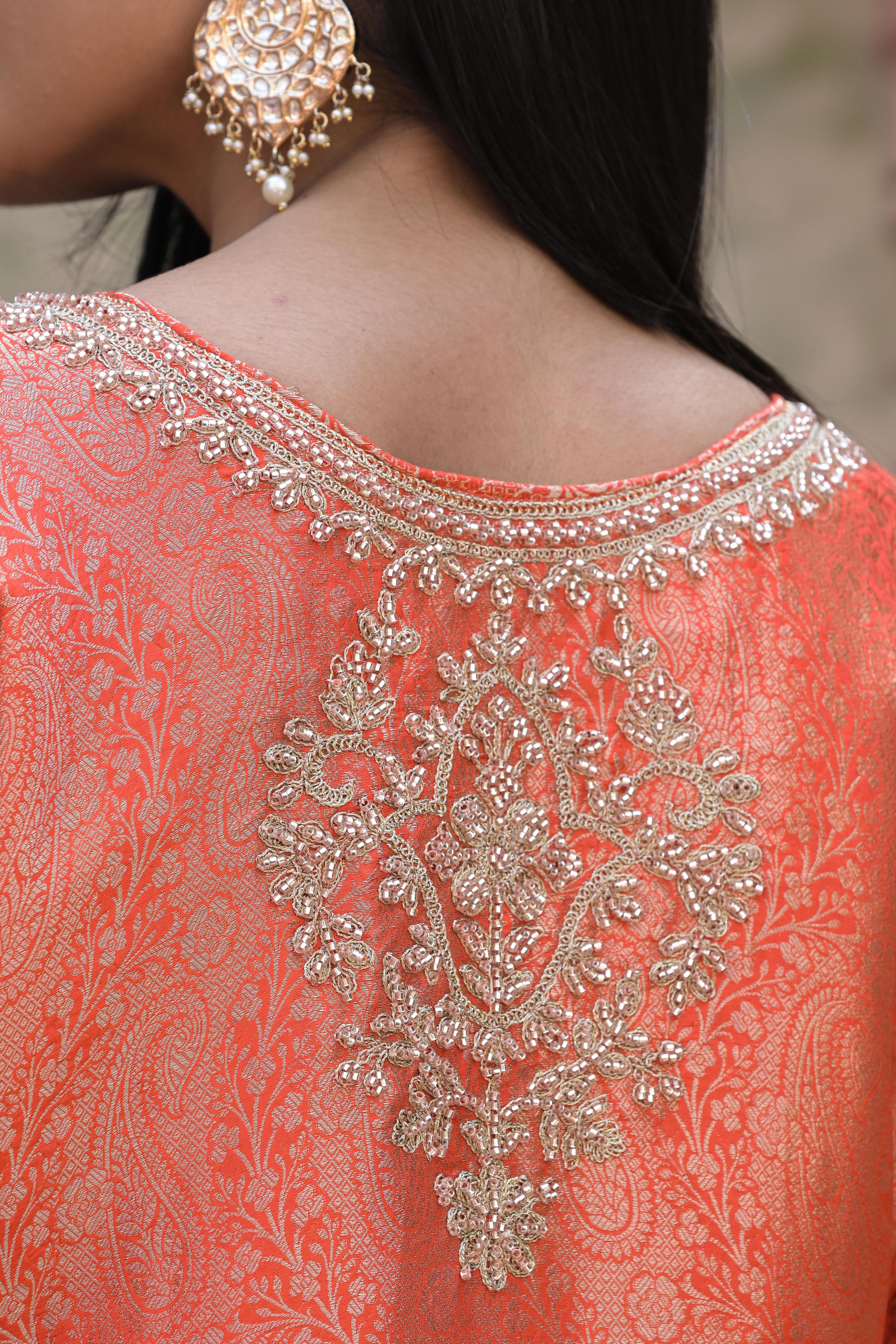 Coral Orange Embellished Brocade Silk Pant Set