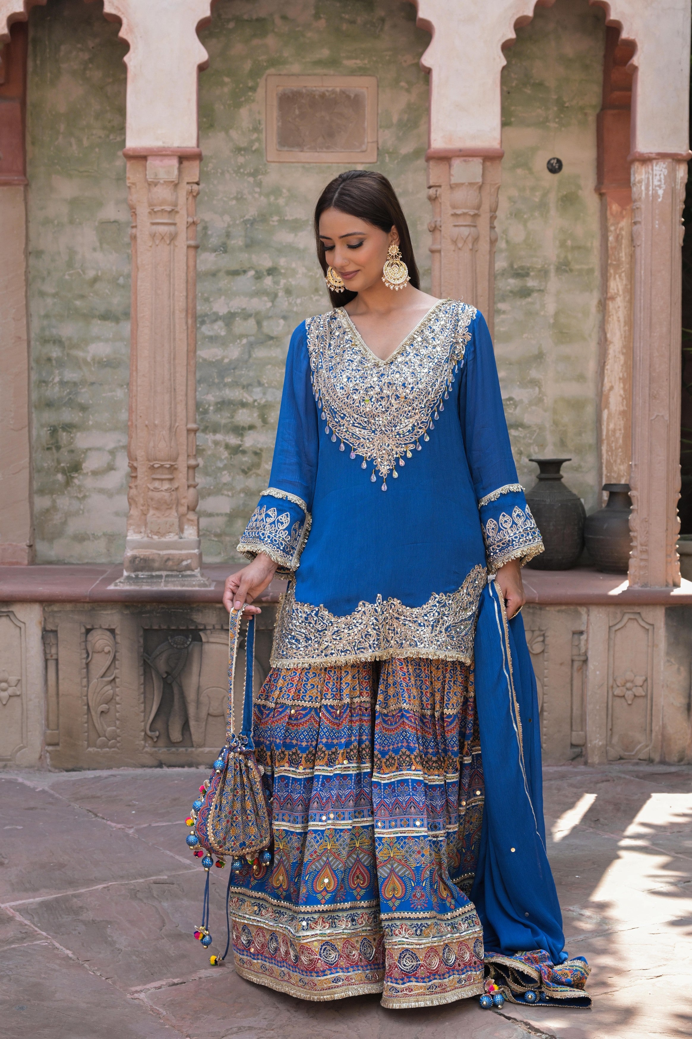 Royal Blue Embellished Chinon Silk Sharara Set