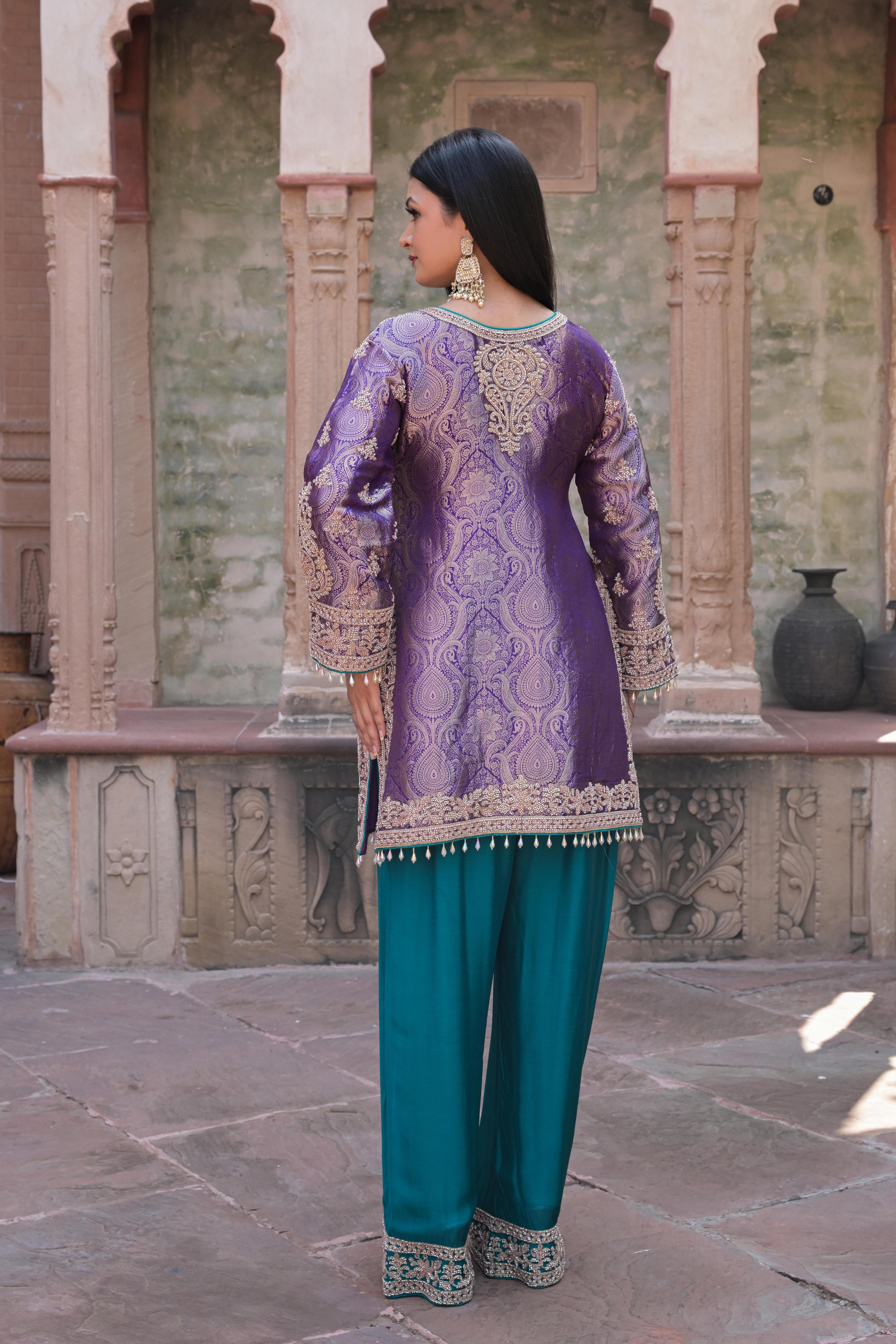 Royal Purple Embellished Banarasi Silk Pant Set