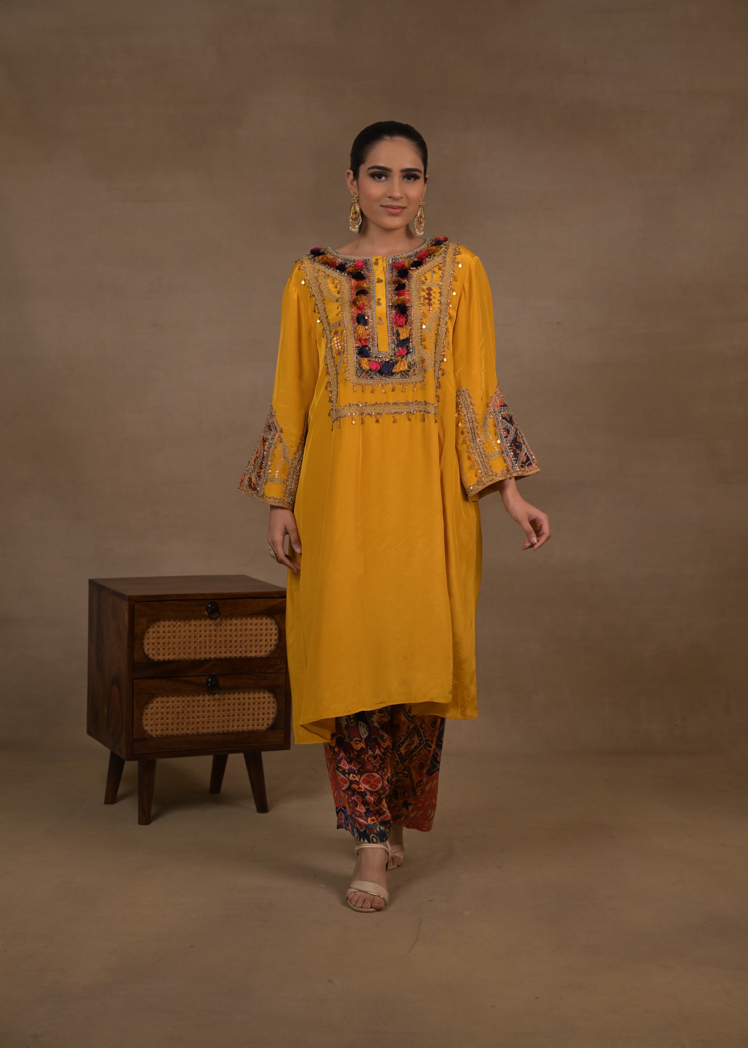 Mustard Heritage Embellished Crepe Silk Kurta Set