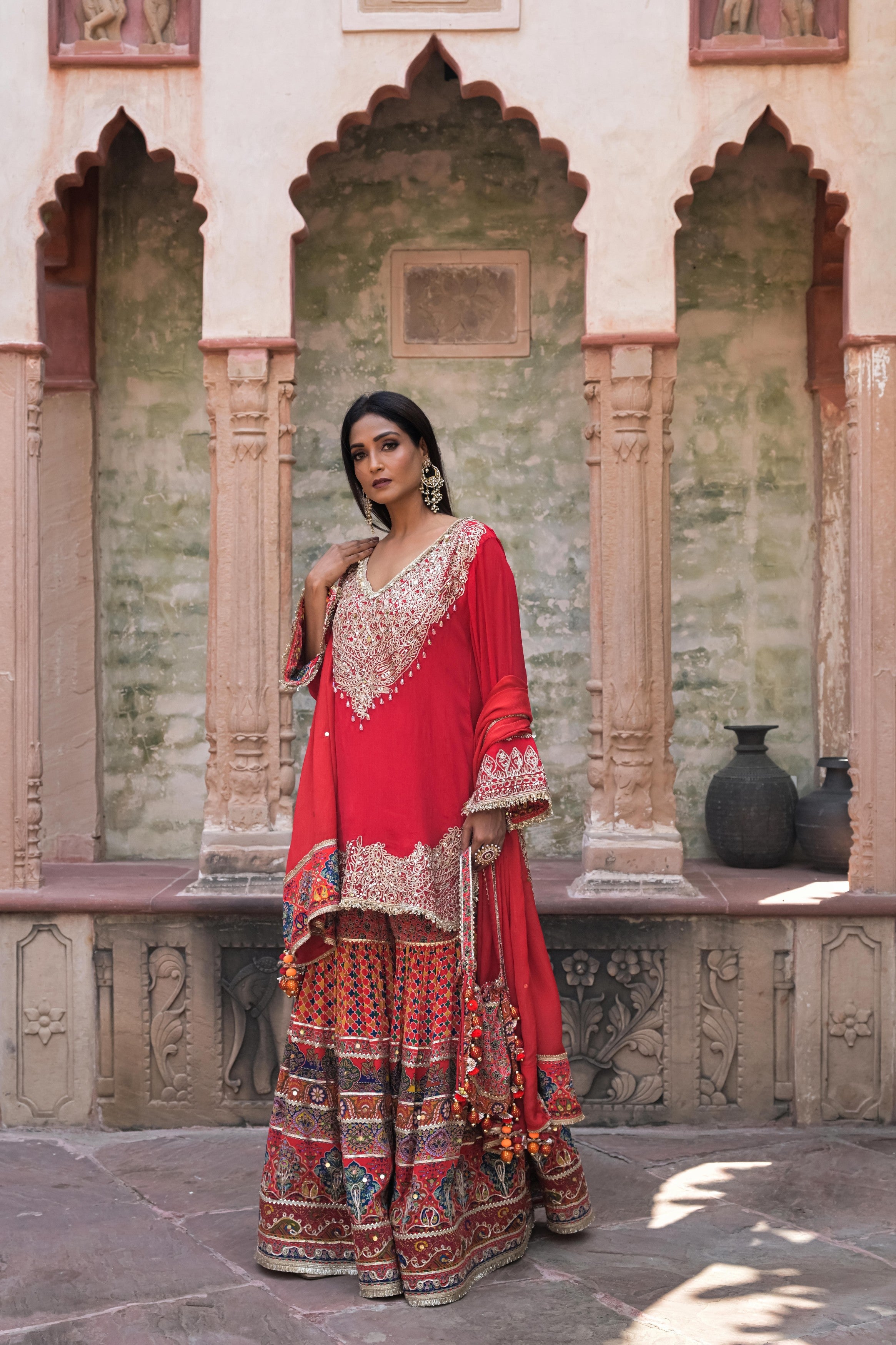 Bright Red Embellished Chinon Silk Sharara Set