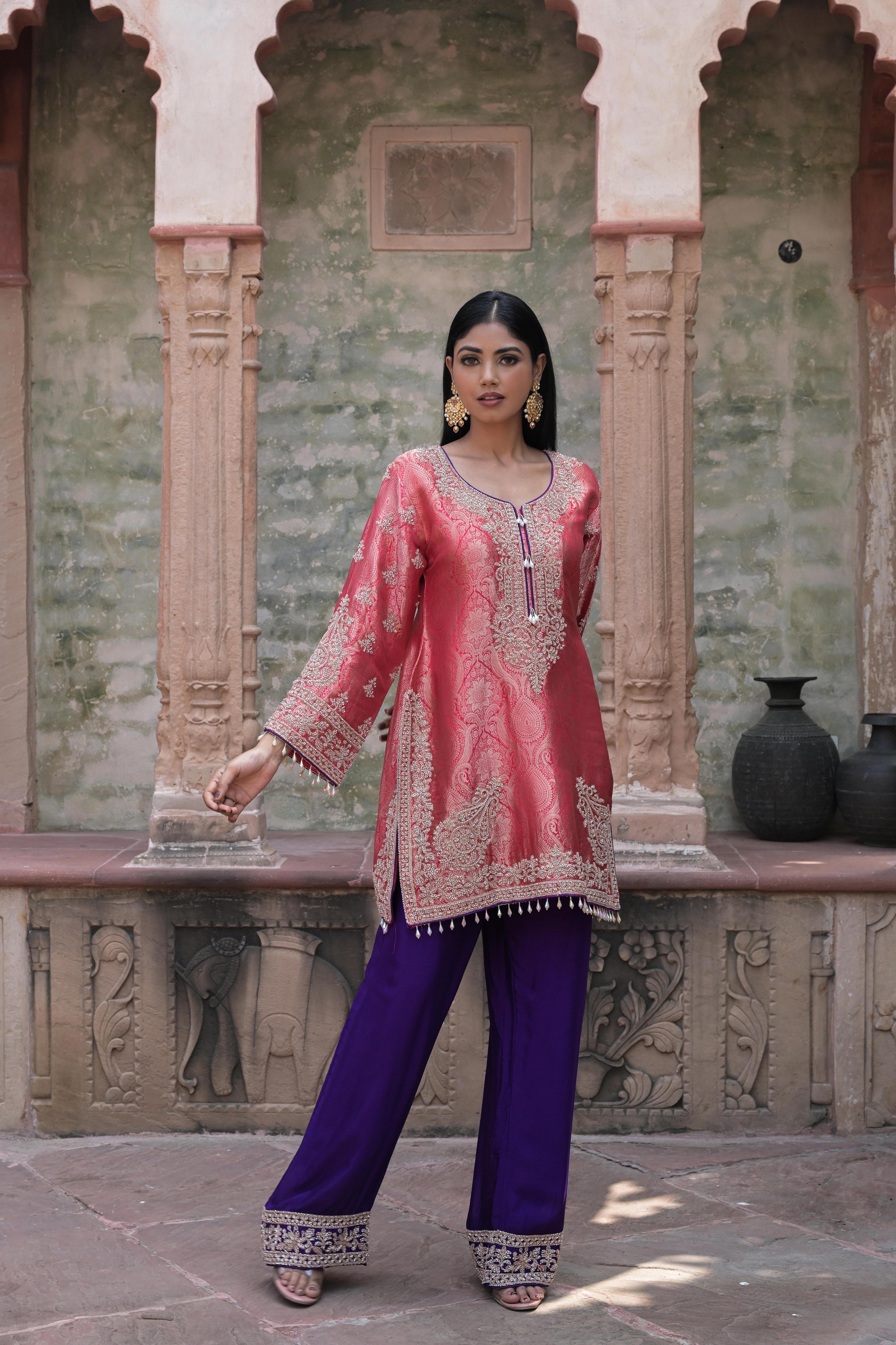 Coral Pink Embellished Banarasi Silk Pant Set