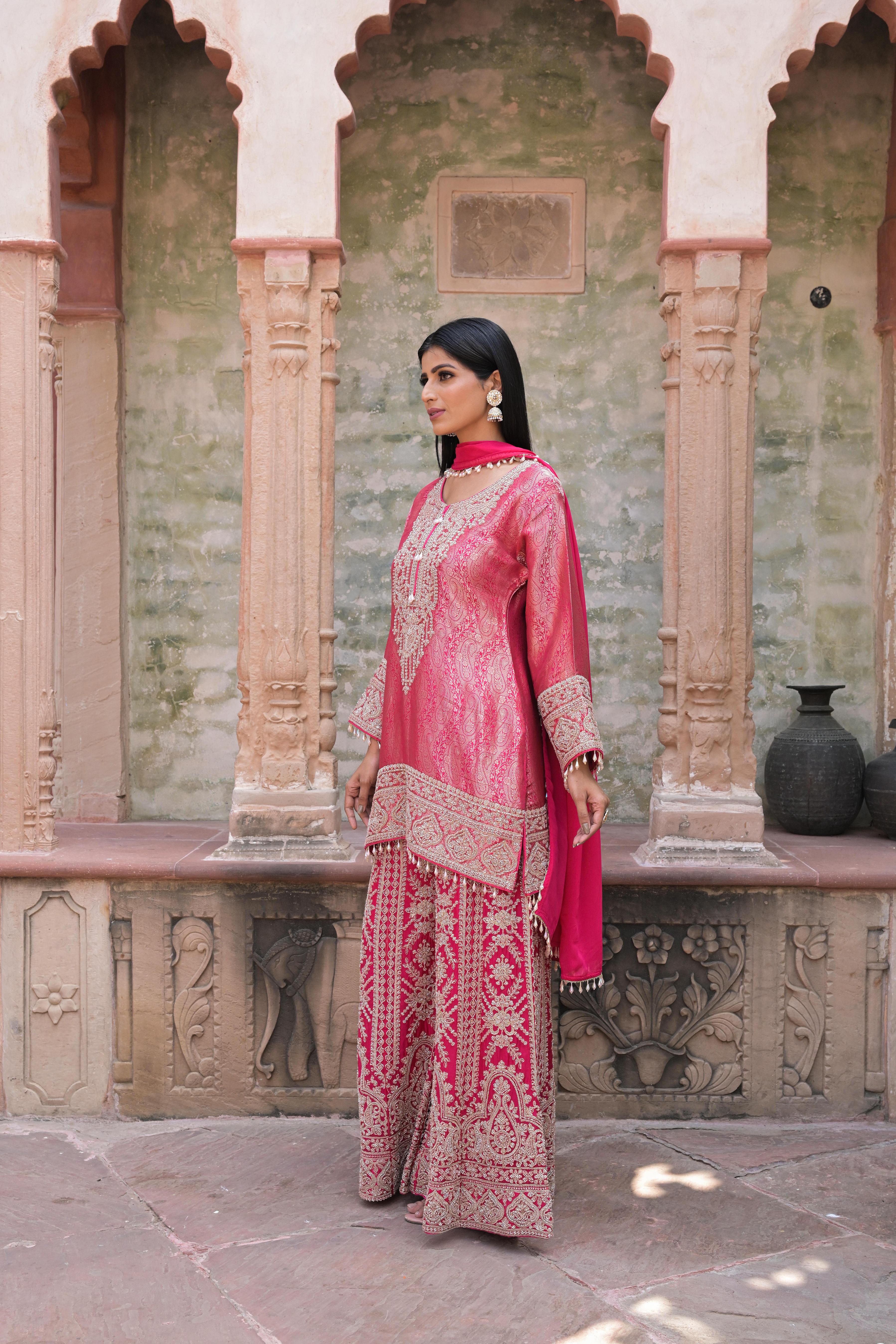 Watermelon Pink Embellished Banarasi Silk Palazzo Set
