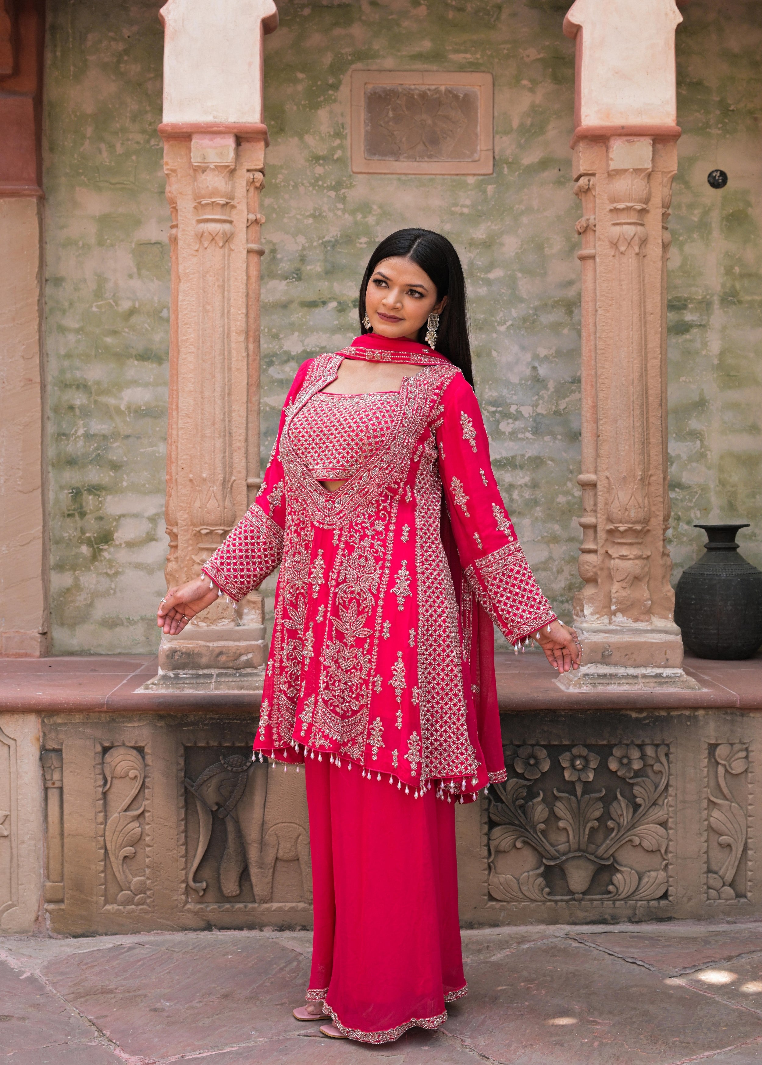 Vibrant Pink Embellished Georgette Silk Palazzo Set