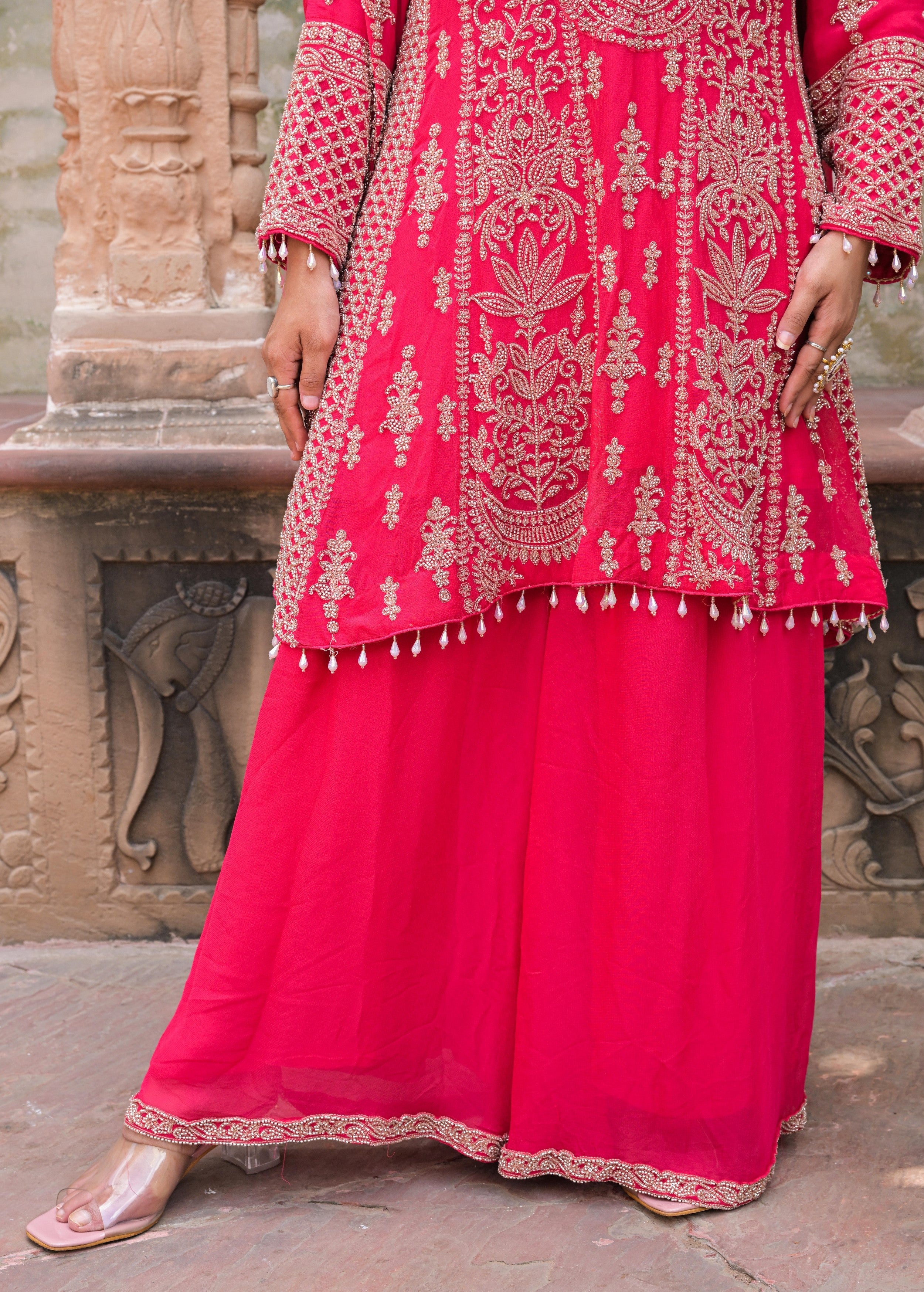 Vibrant Pink Embellished Georgette Silk Palazzo Set