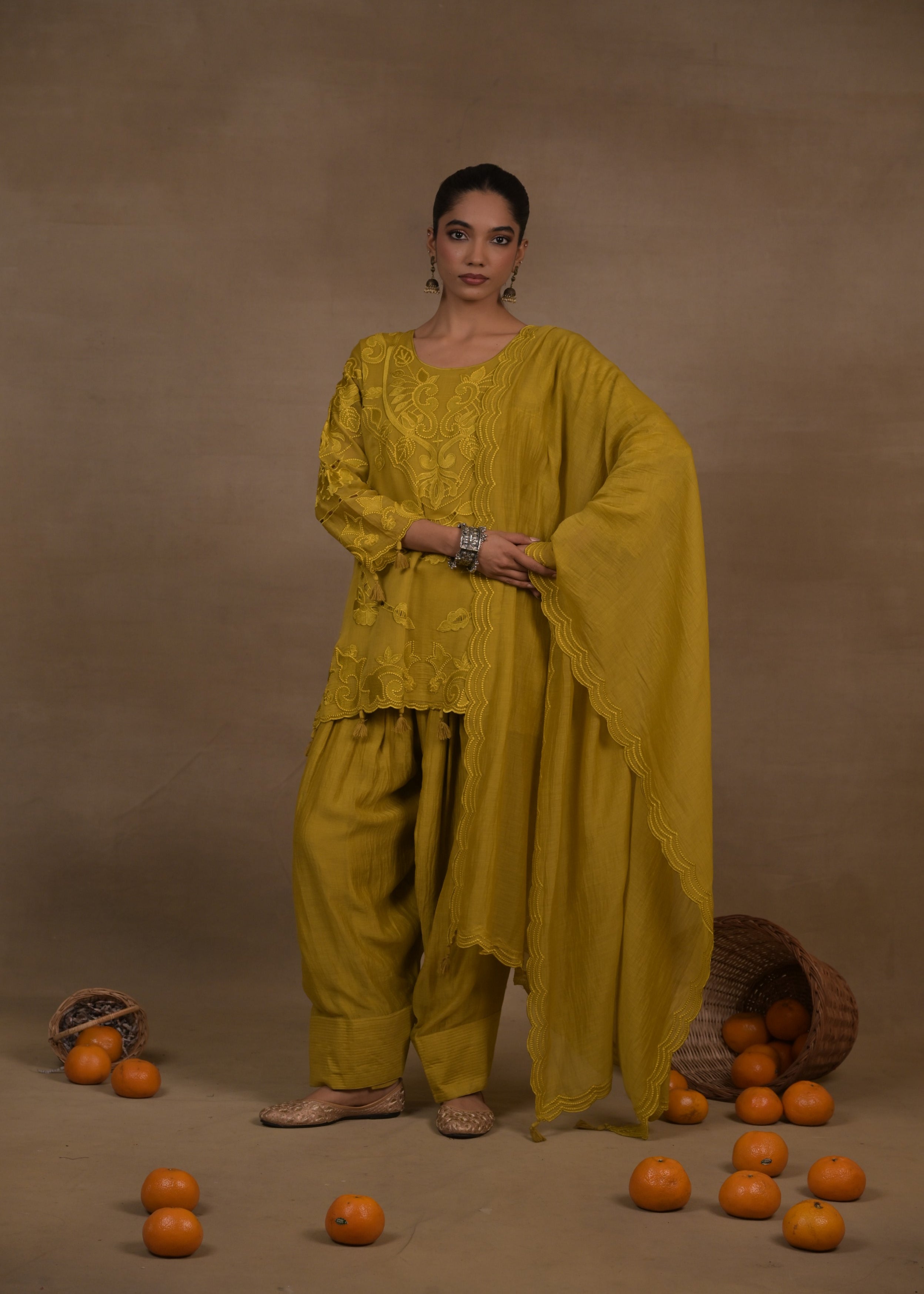 Mustard Blossom Embroidered Mul Silk Pant Set
