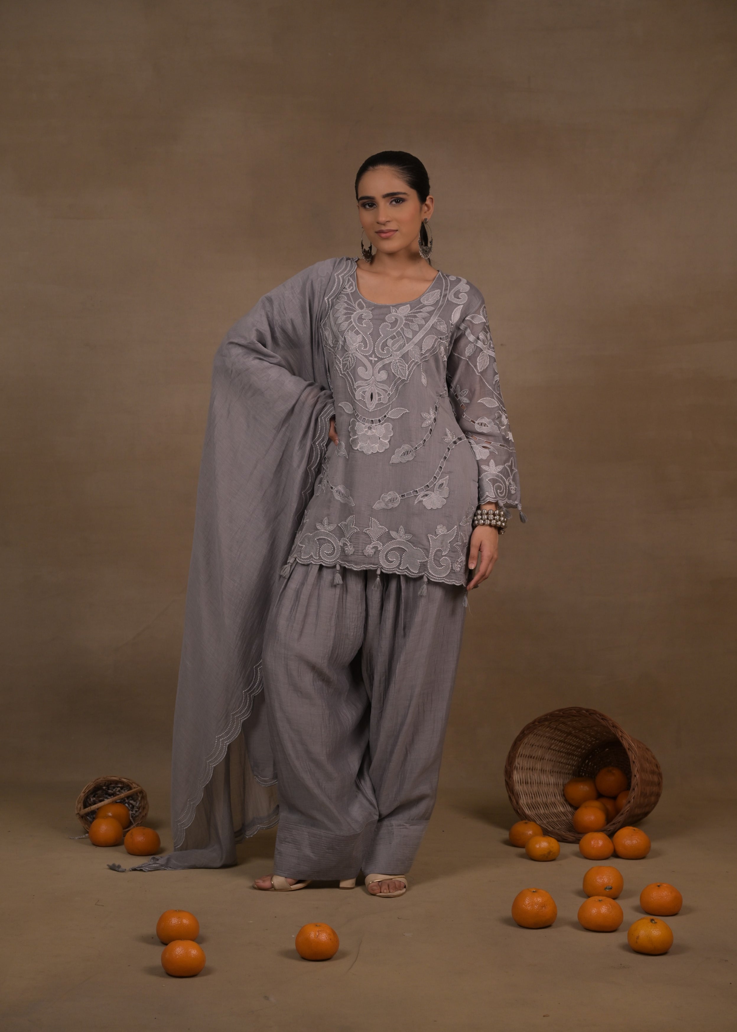 Slate Blossom Embroidered Mul Silk Pant Set