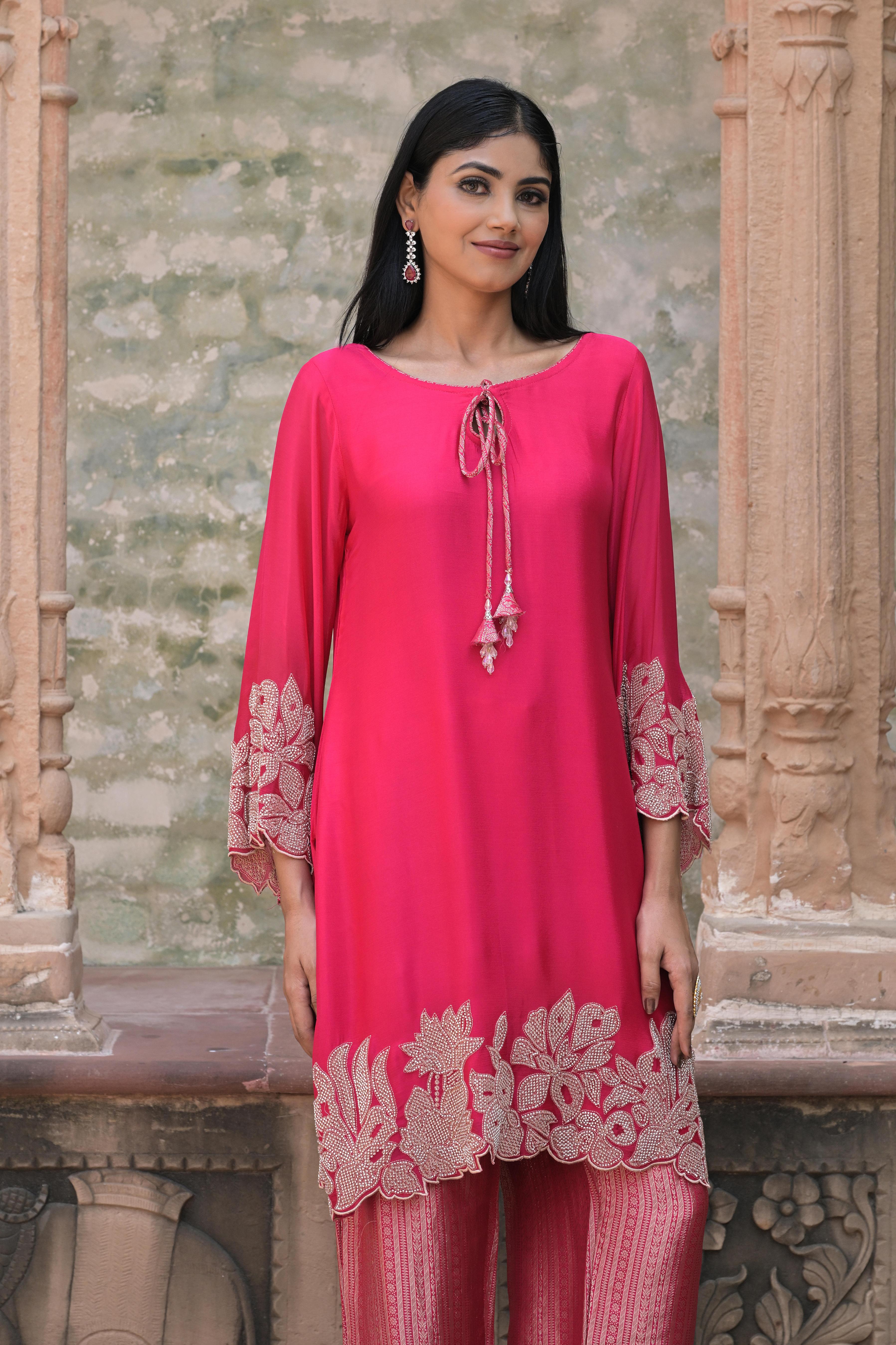 Dark Pink Embellished Chinon Silk Pant Set