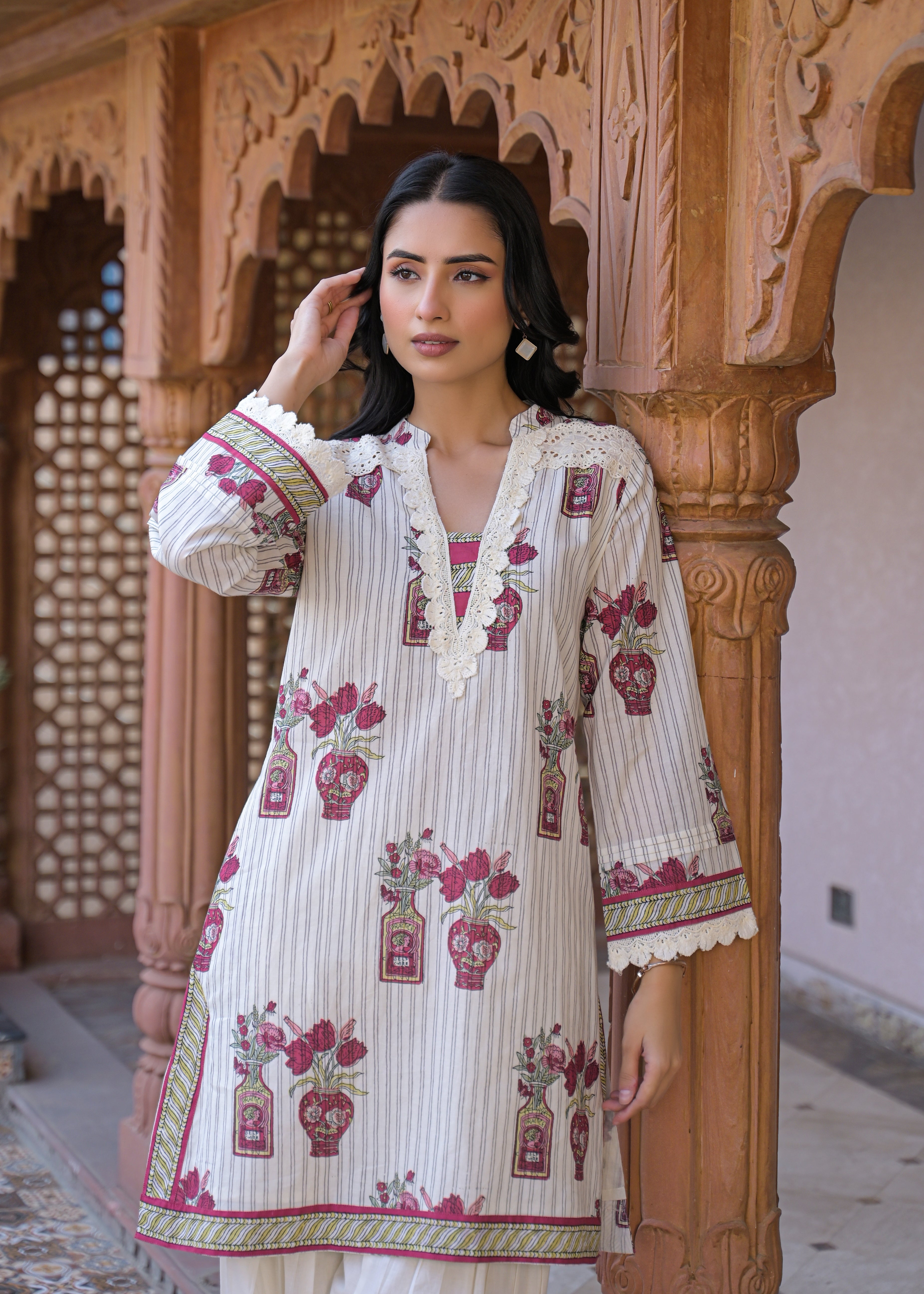 Chalk White Printed Cotton Kurta Set