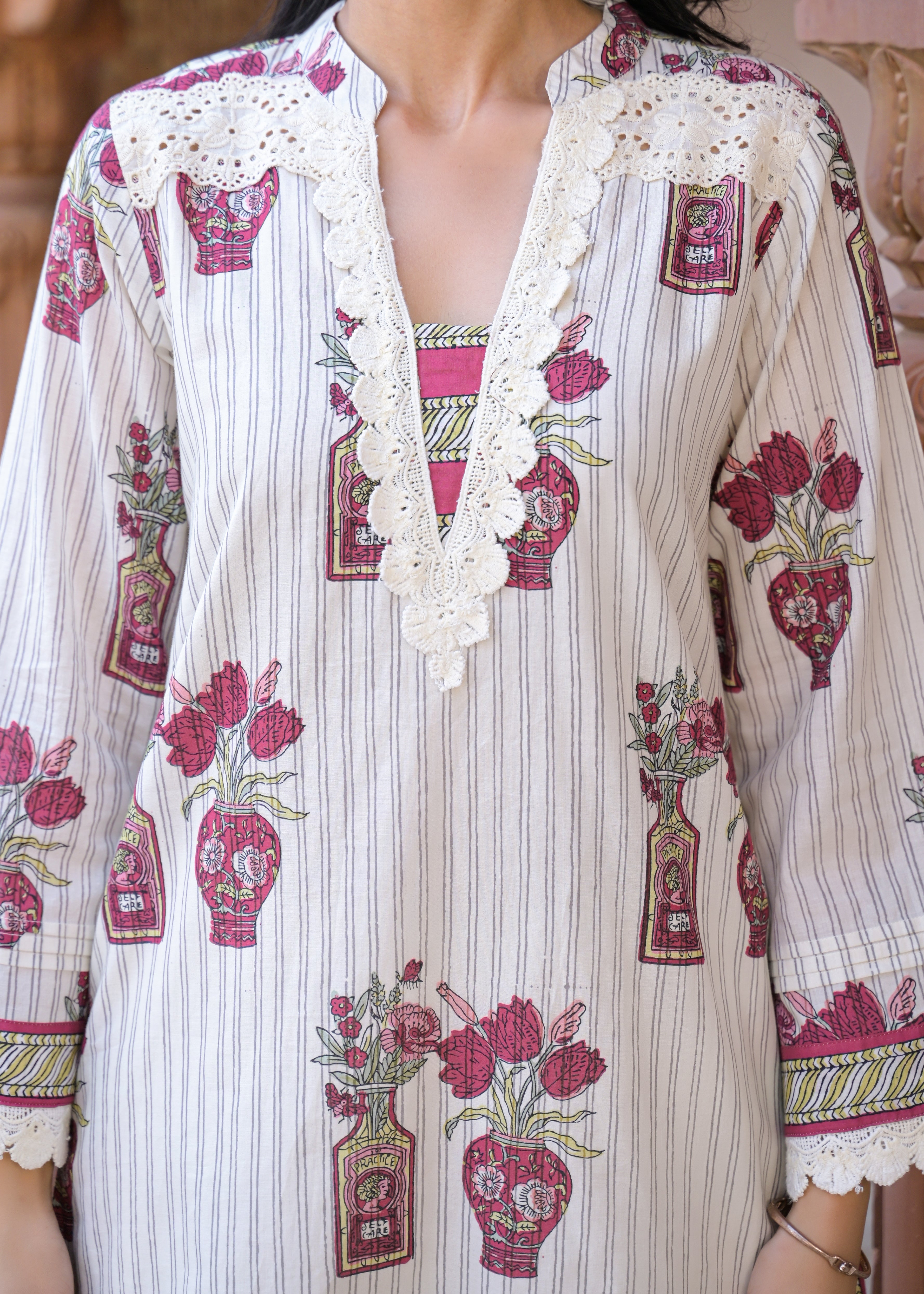 Chalk White Printed Cotton Kurta Set