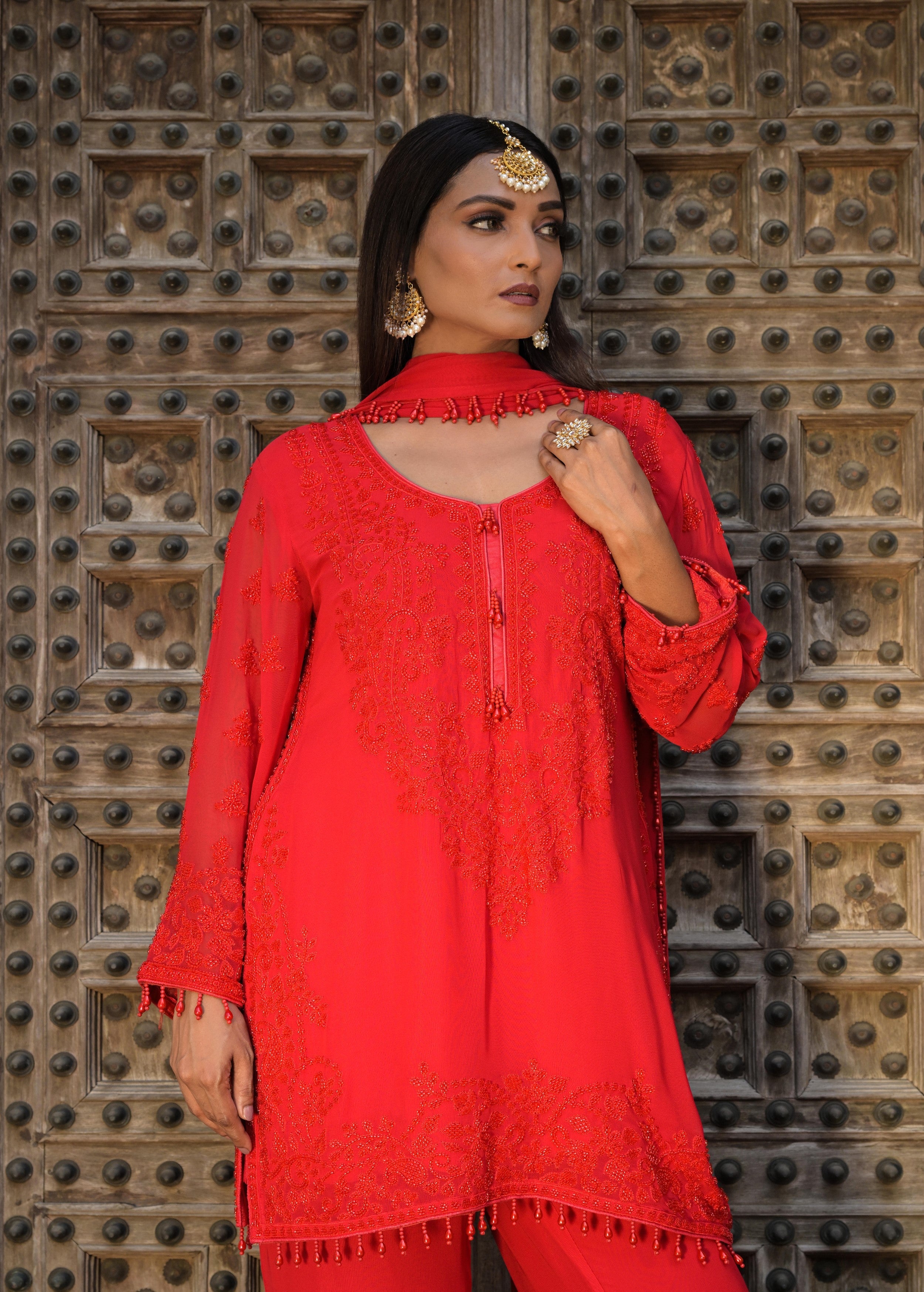 Scarlet Red Embellished Georgette Silk Pant Set