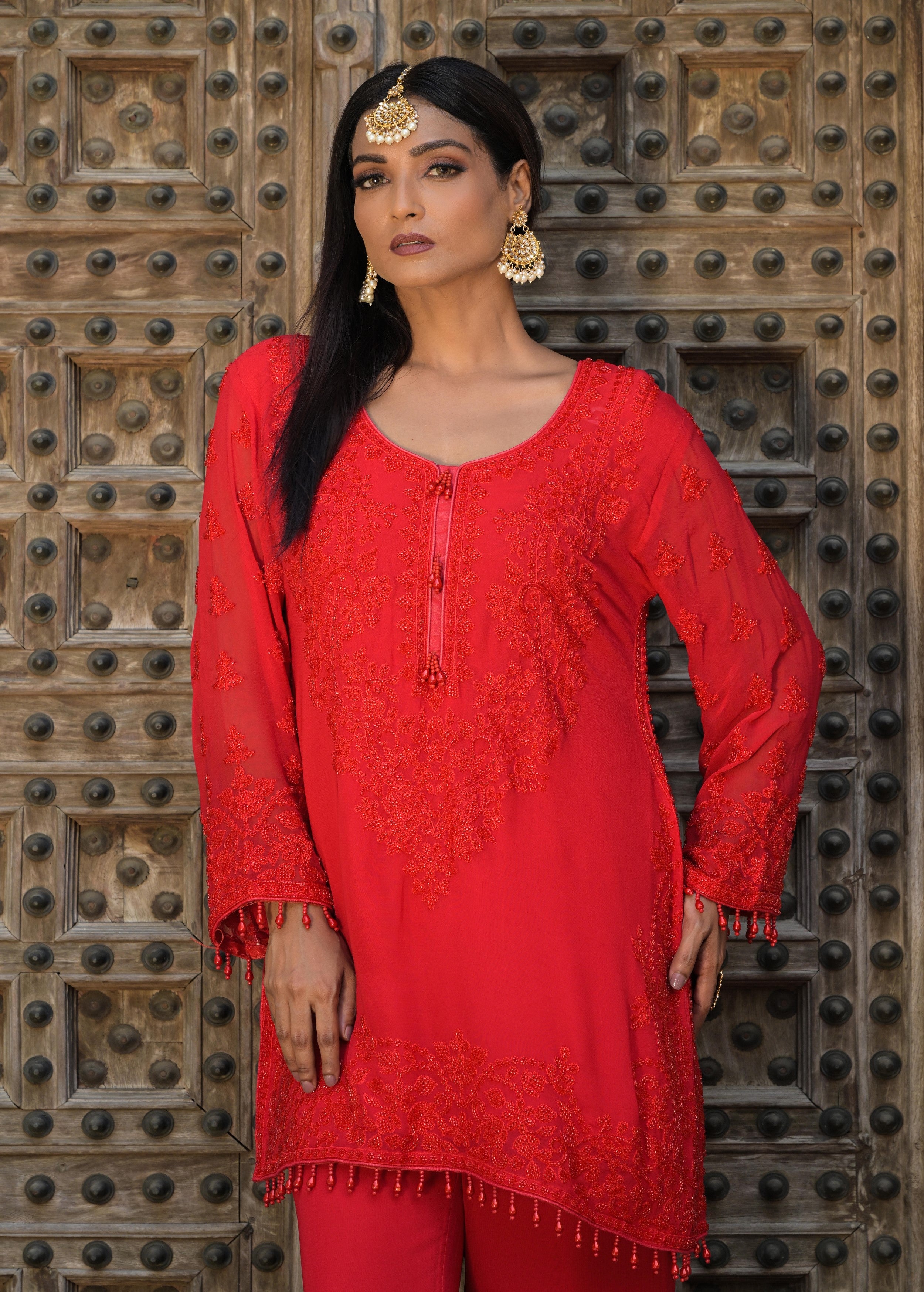 Scarlet Red Embellished Georgette Silk Pant Set