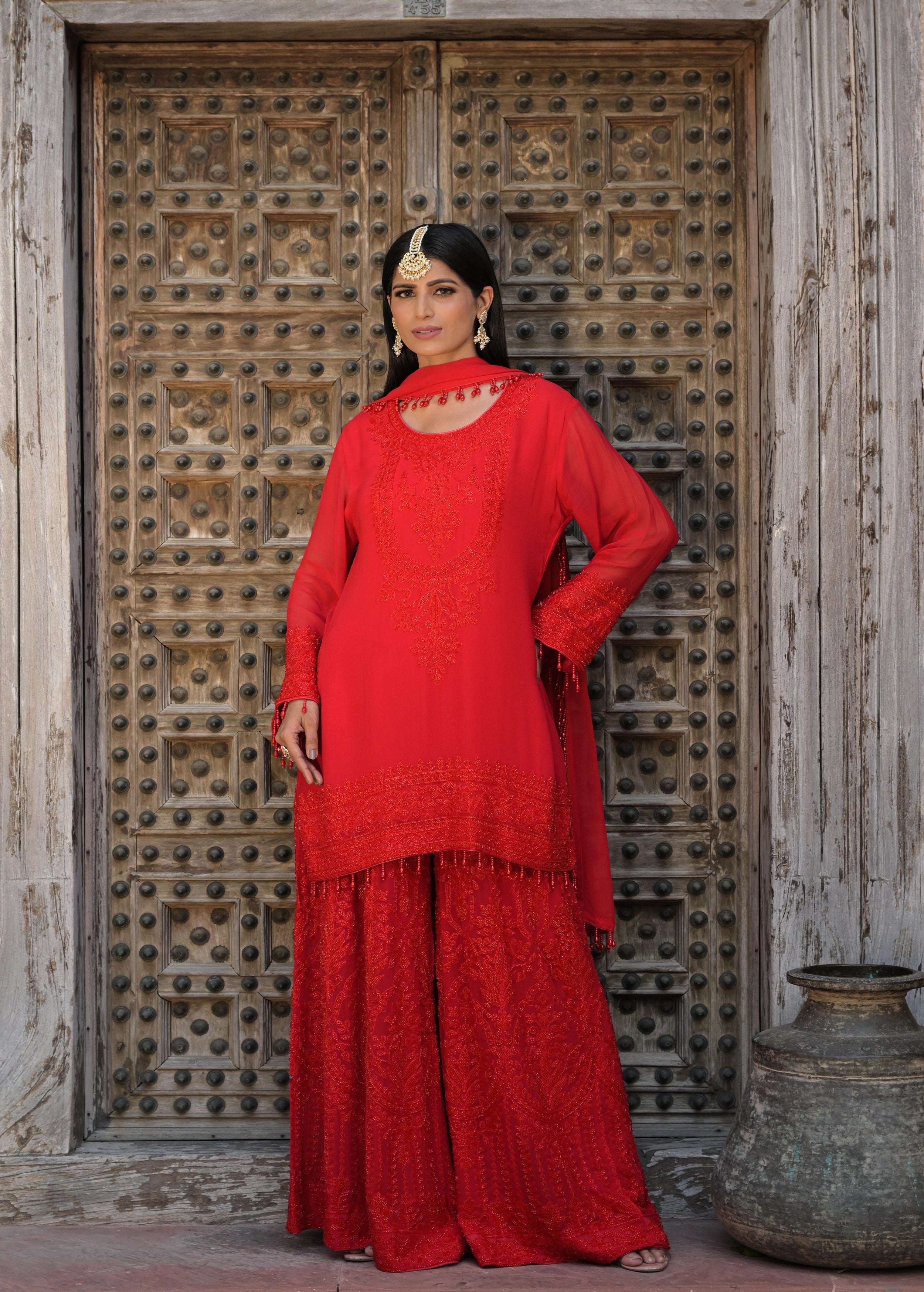Scarlet Red Embellished Georgette Silk Palazzo Set