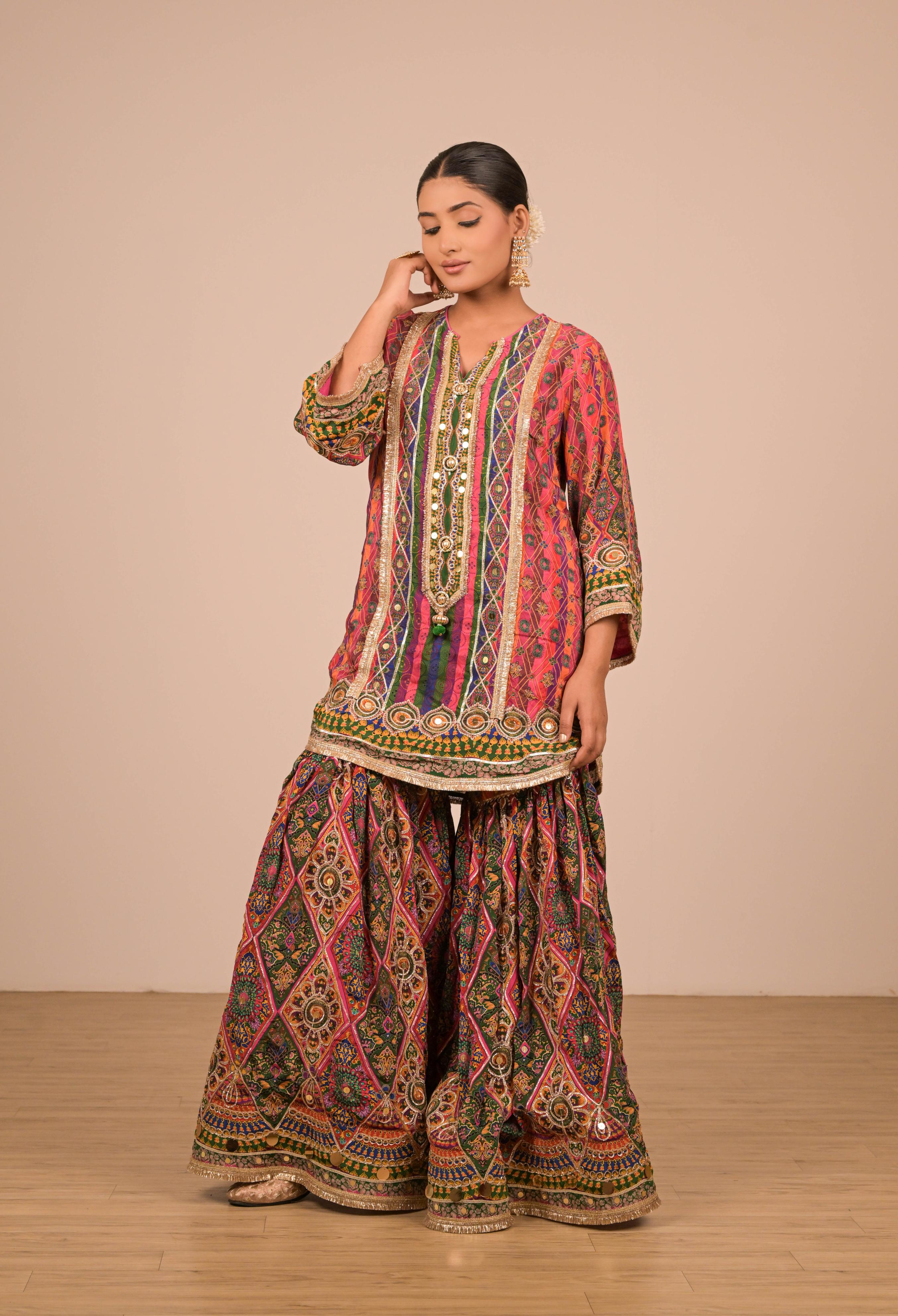 Pink & Green Multicolour Printed Sharara Set