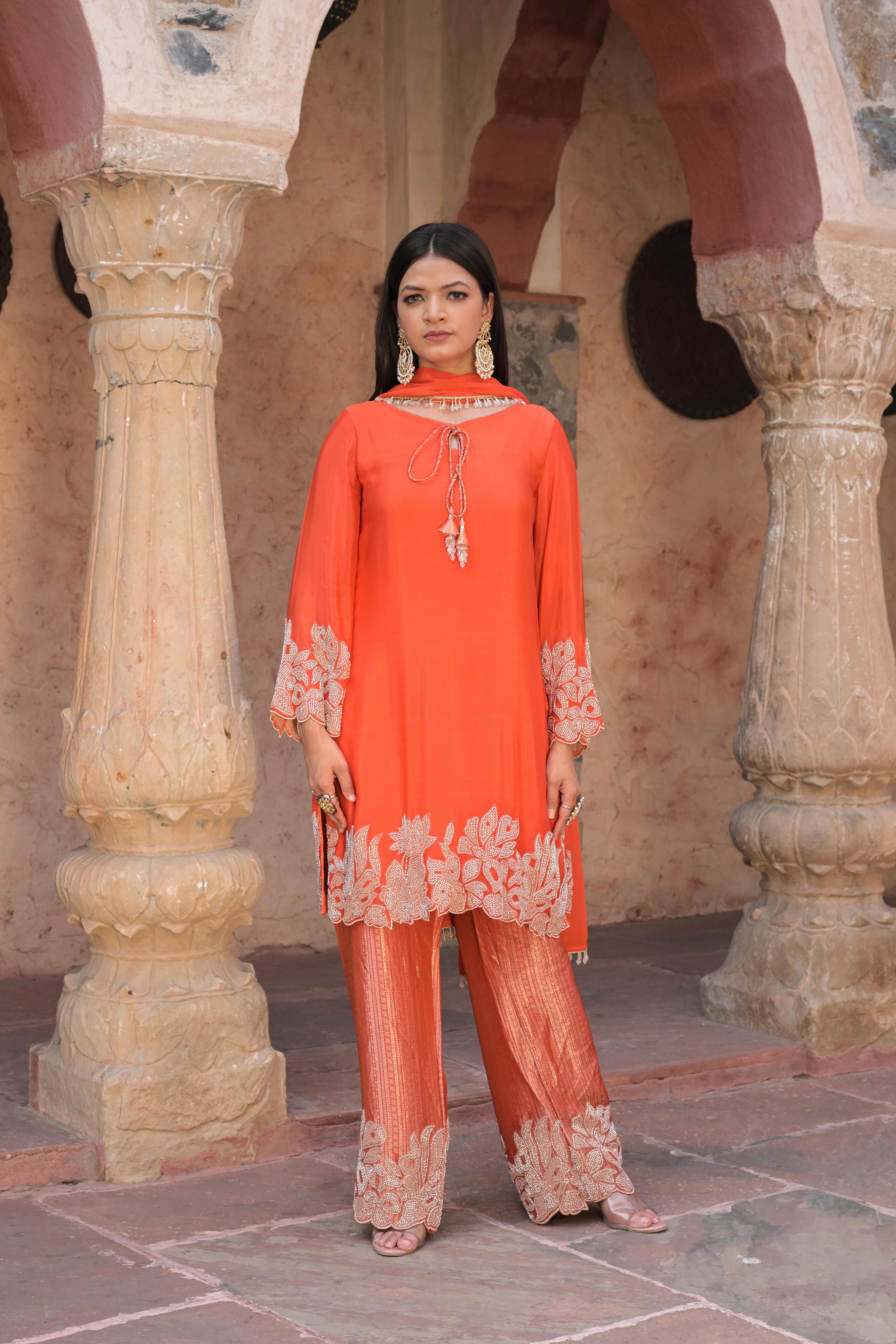 Bright Orange Embellished Chinon Silk Pant Set