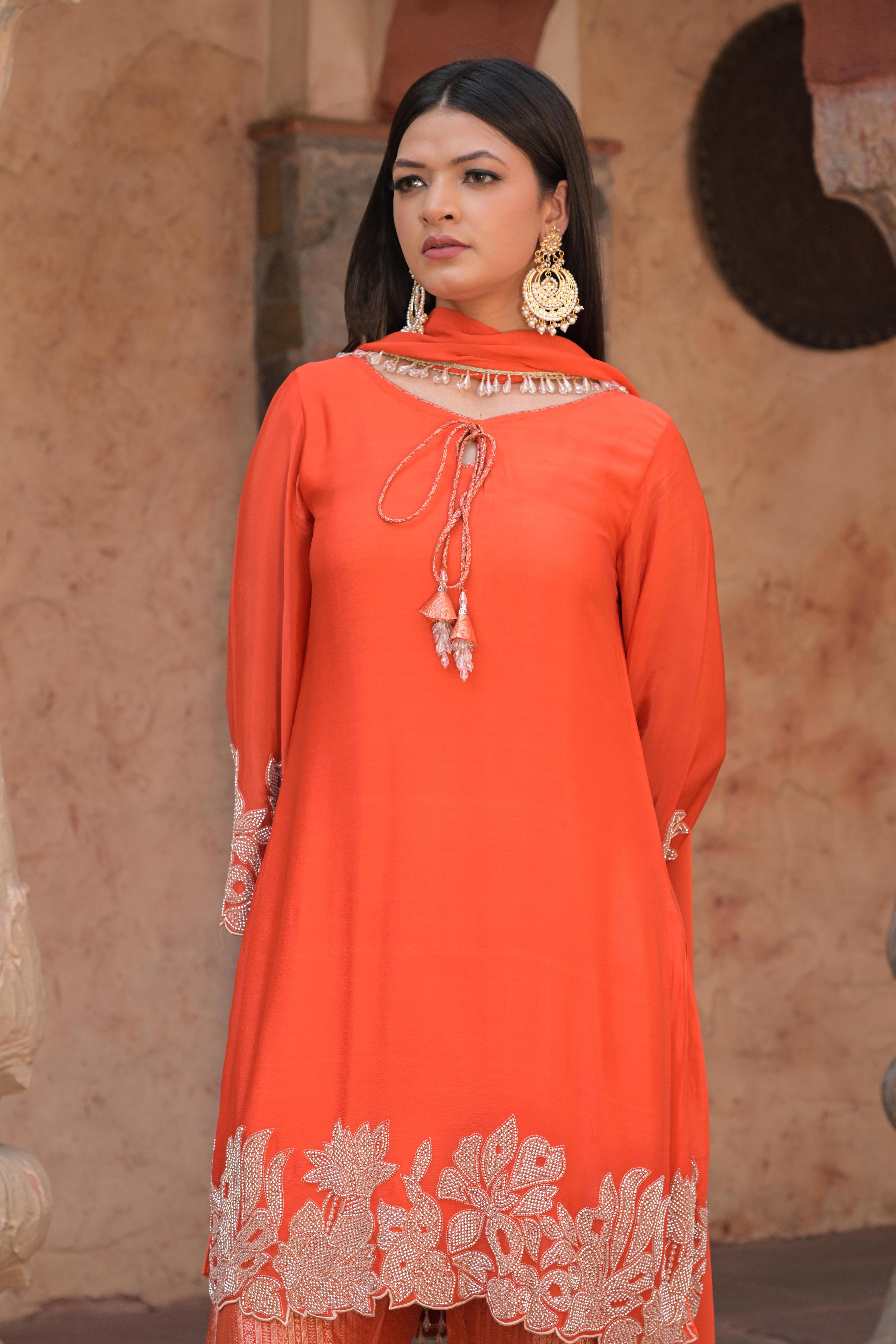 Bright Orange Embellished Chinon Silk Pant Set
