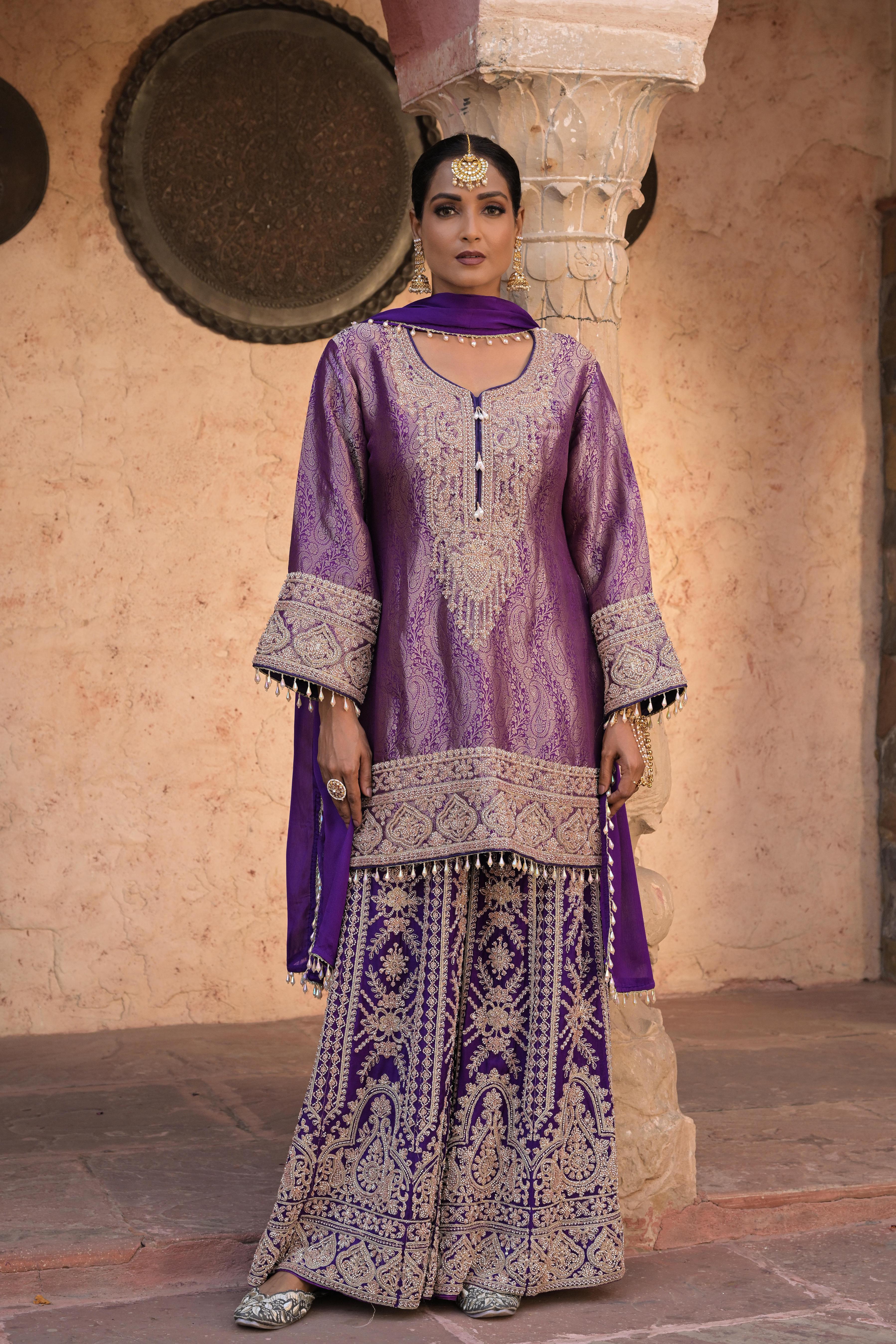 Deep Rich Purple Embellished Banarasi Silk Palazzo Set
