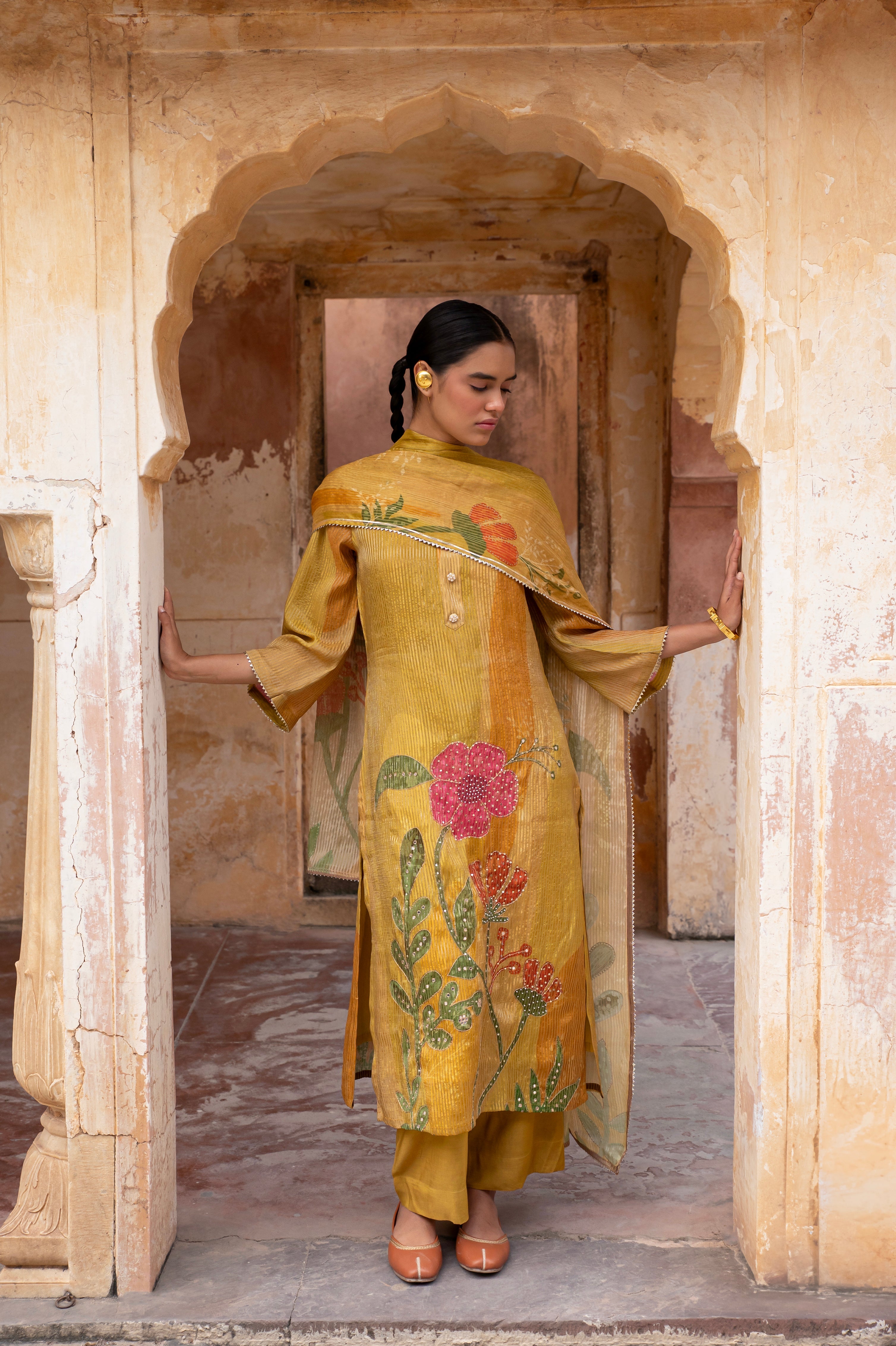Mustard Embellished Premium Silk Pant Set