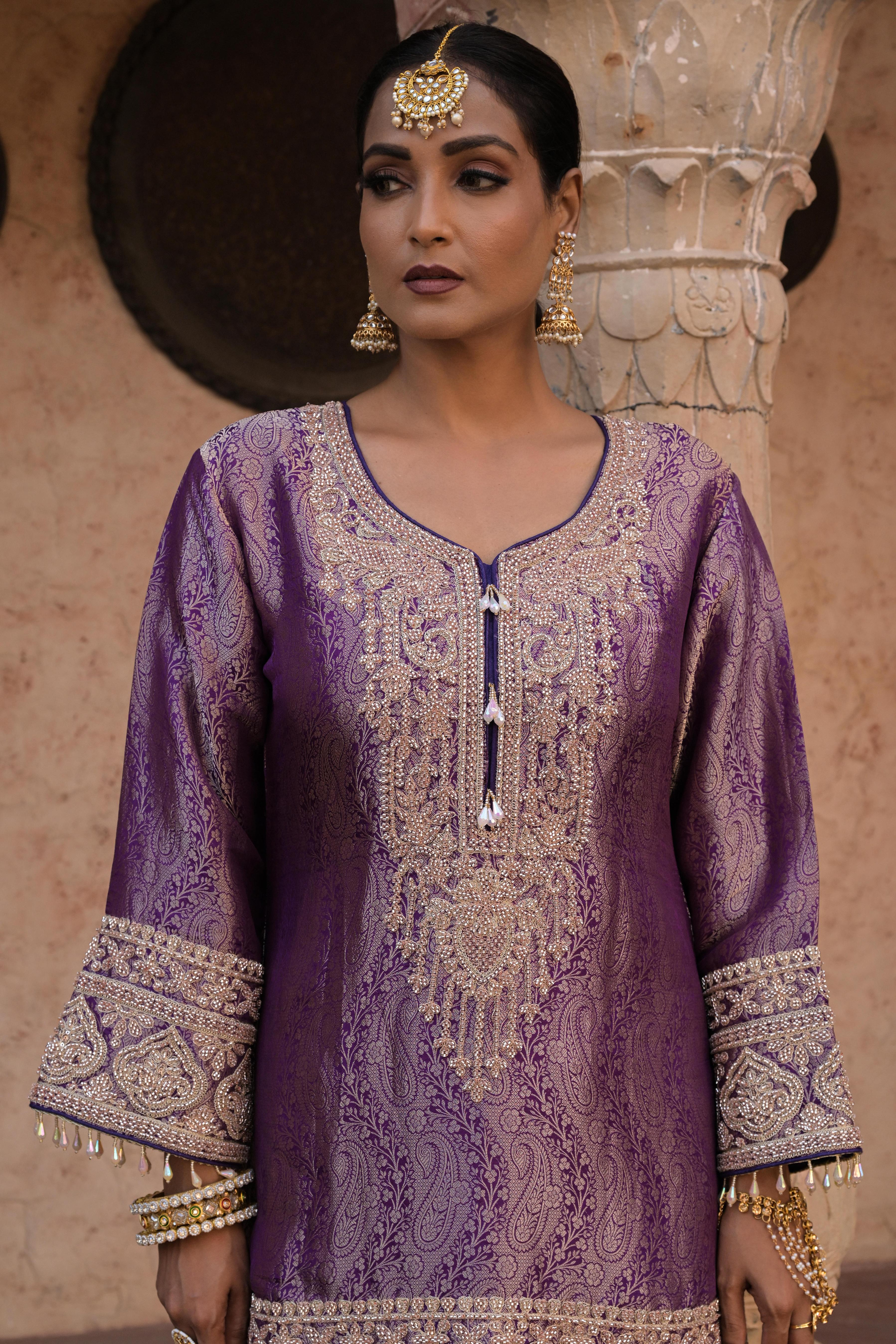 Deep Rich Purple Embellished Banarasi Silk Palazzo Set