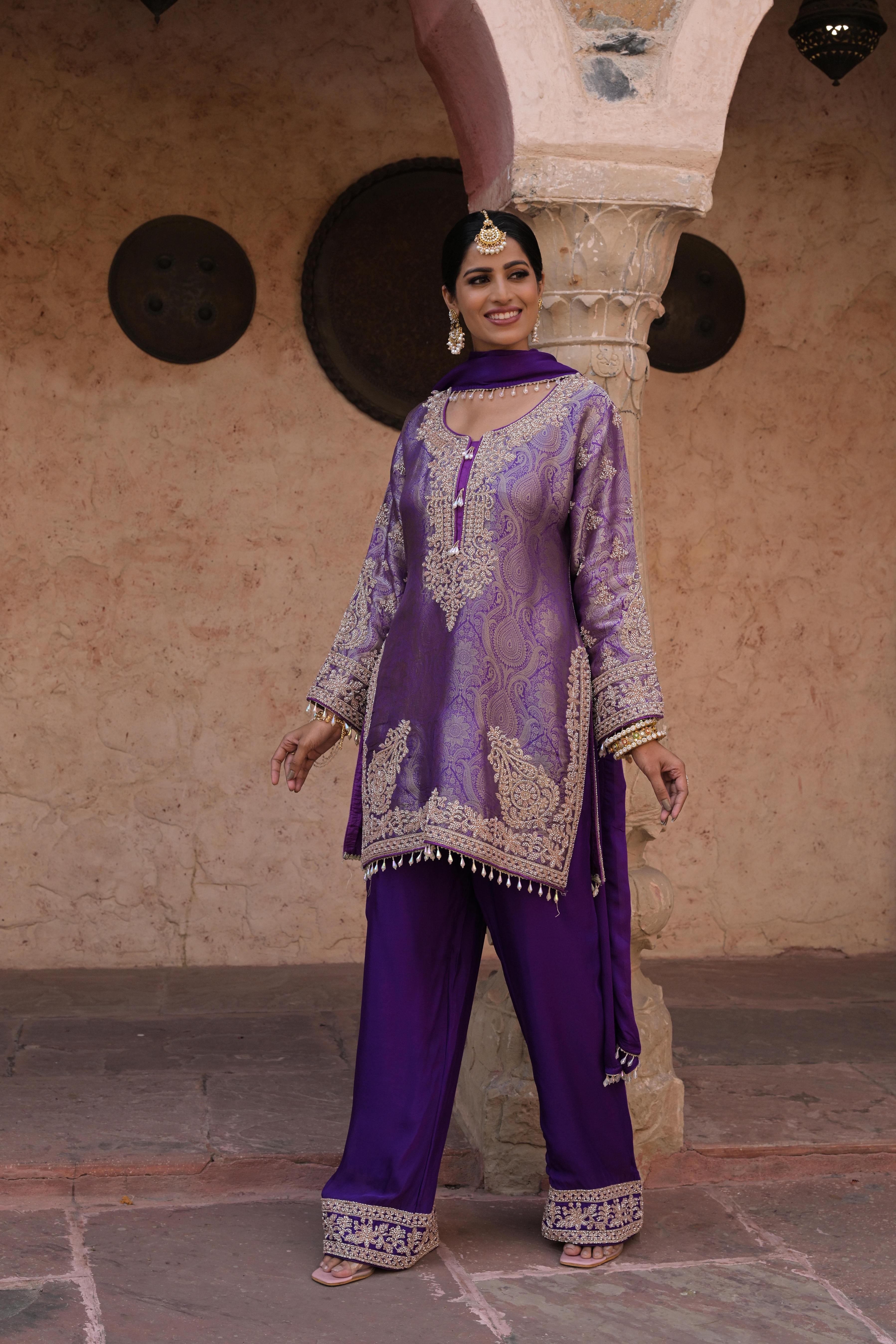 Dark Orchid Purple Embellished Banarasi Silk Pant Set
