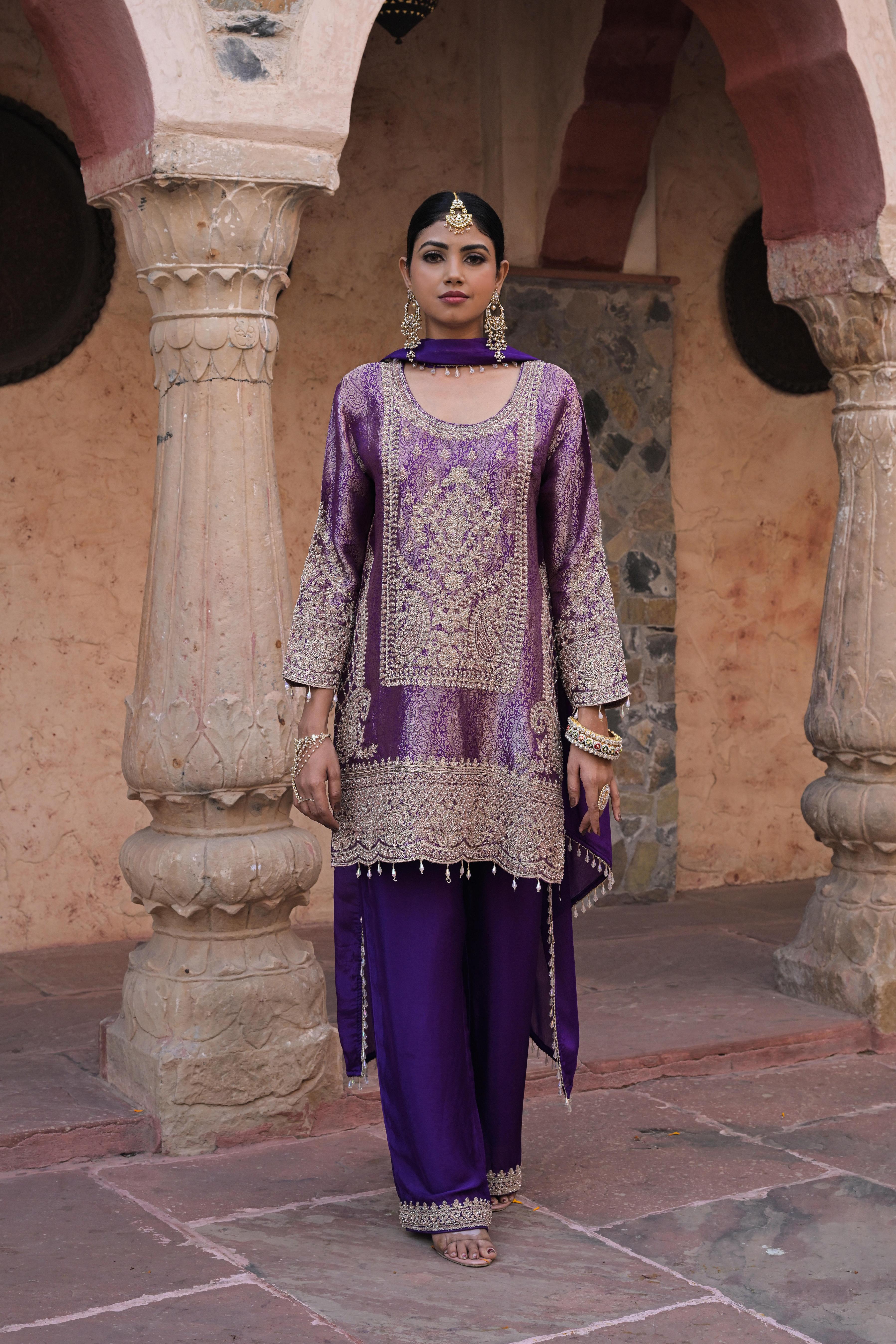 Deep Violet Embellished Brocade Silk Pant Set