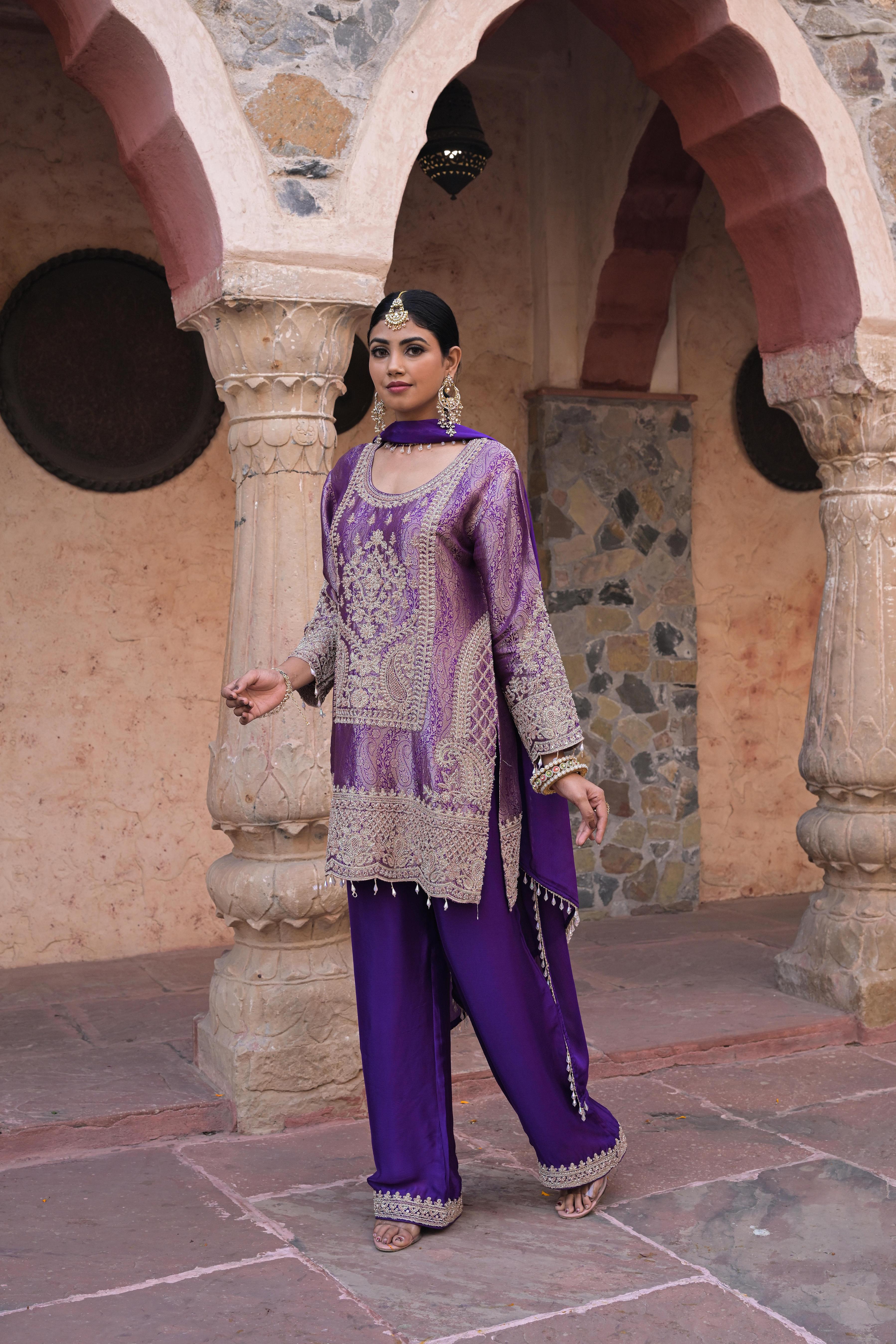 Deep Violet Embellished Brocade Silk Pant Set