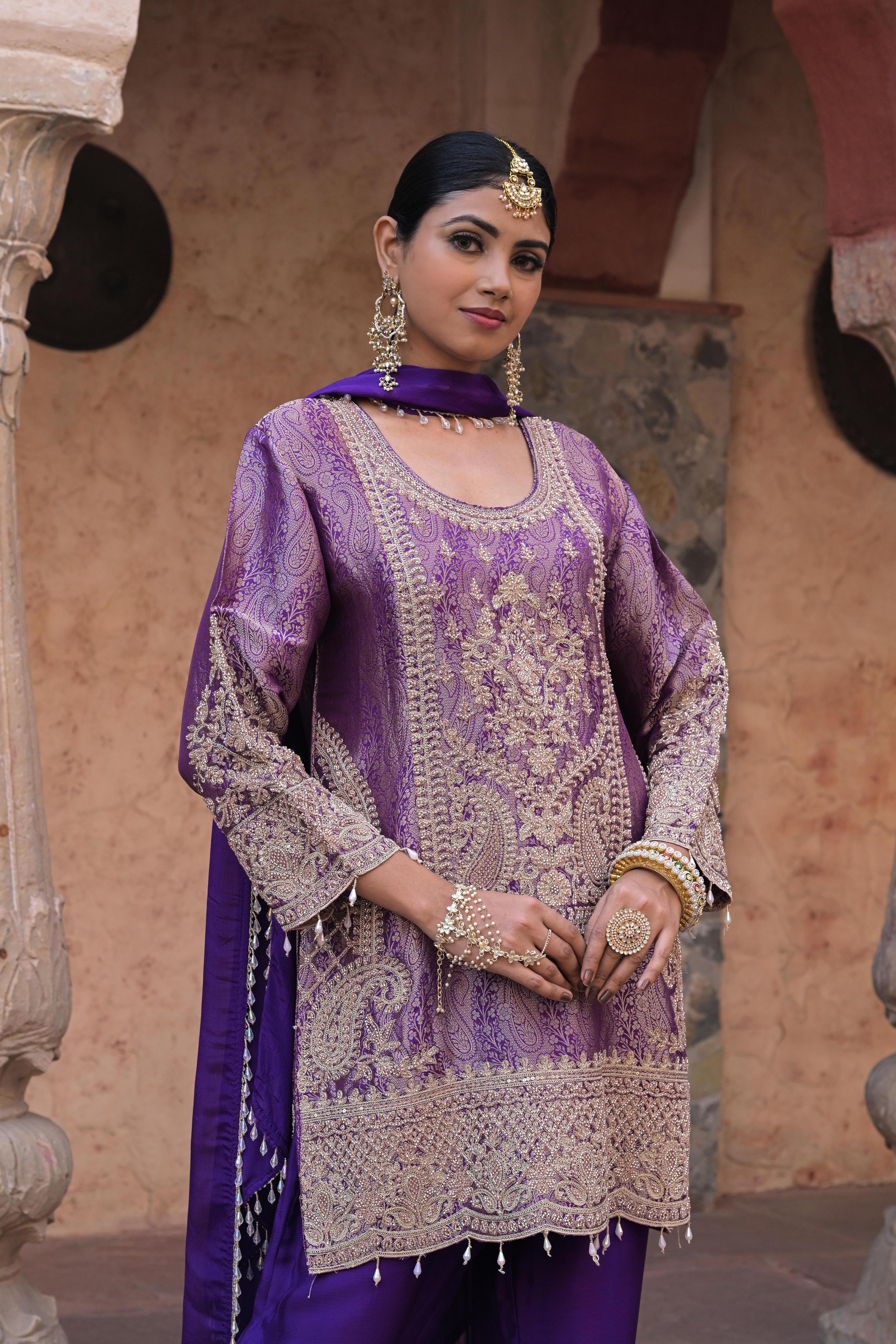 Deep Violet Embellished Brocade Silk Pant Set